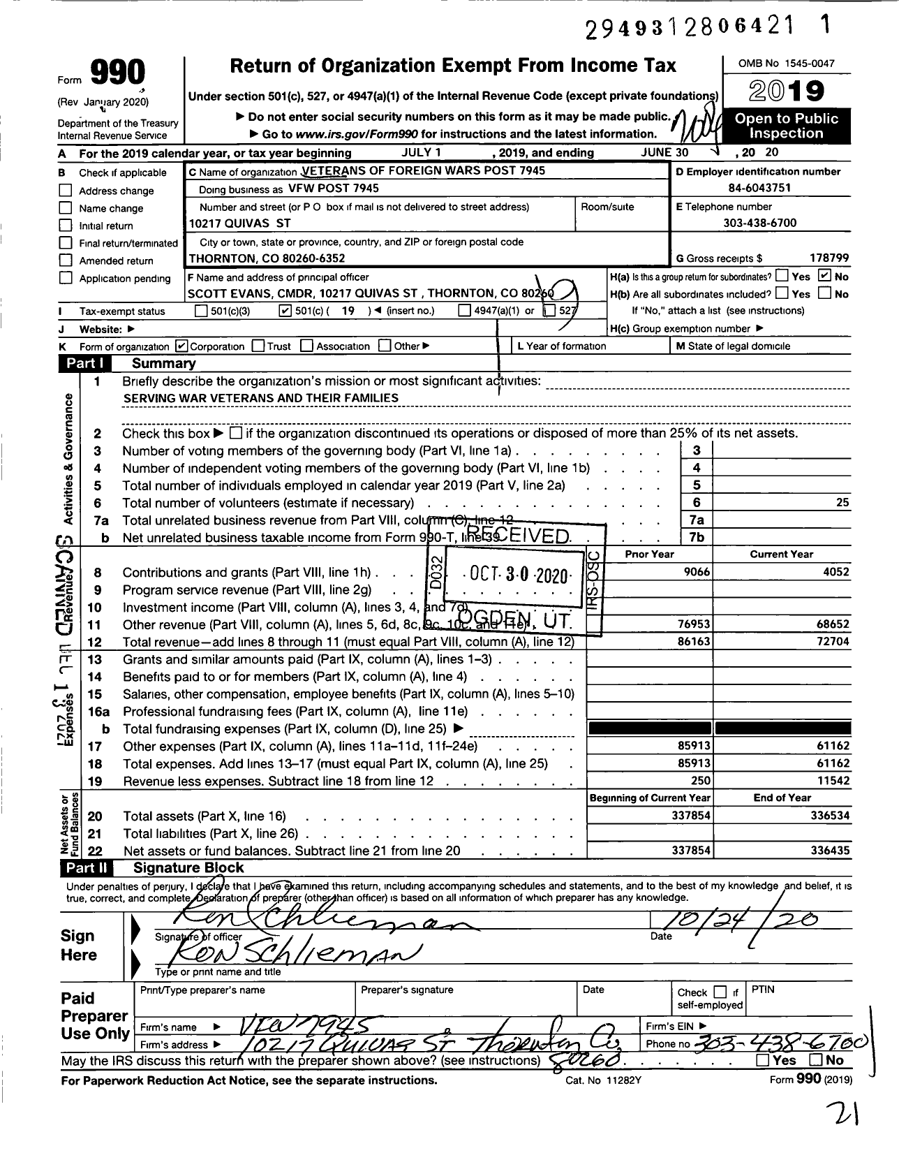 Image of first page of 2019 Form 990O for Veterans of Foreign Wars of the United States Dept of Colorado - Joseph J Jacques JR V F W Post 7945