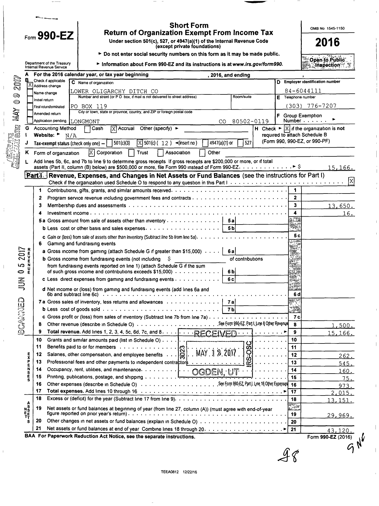 Image of first page of 2016 Form 990EO for Lower Oligarchy Ditch Company