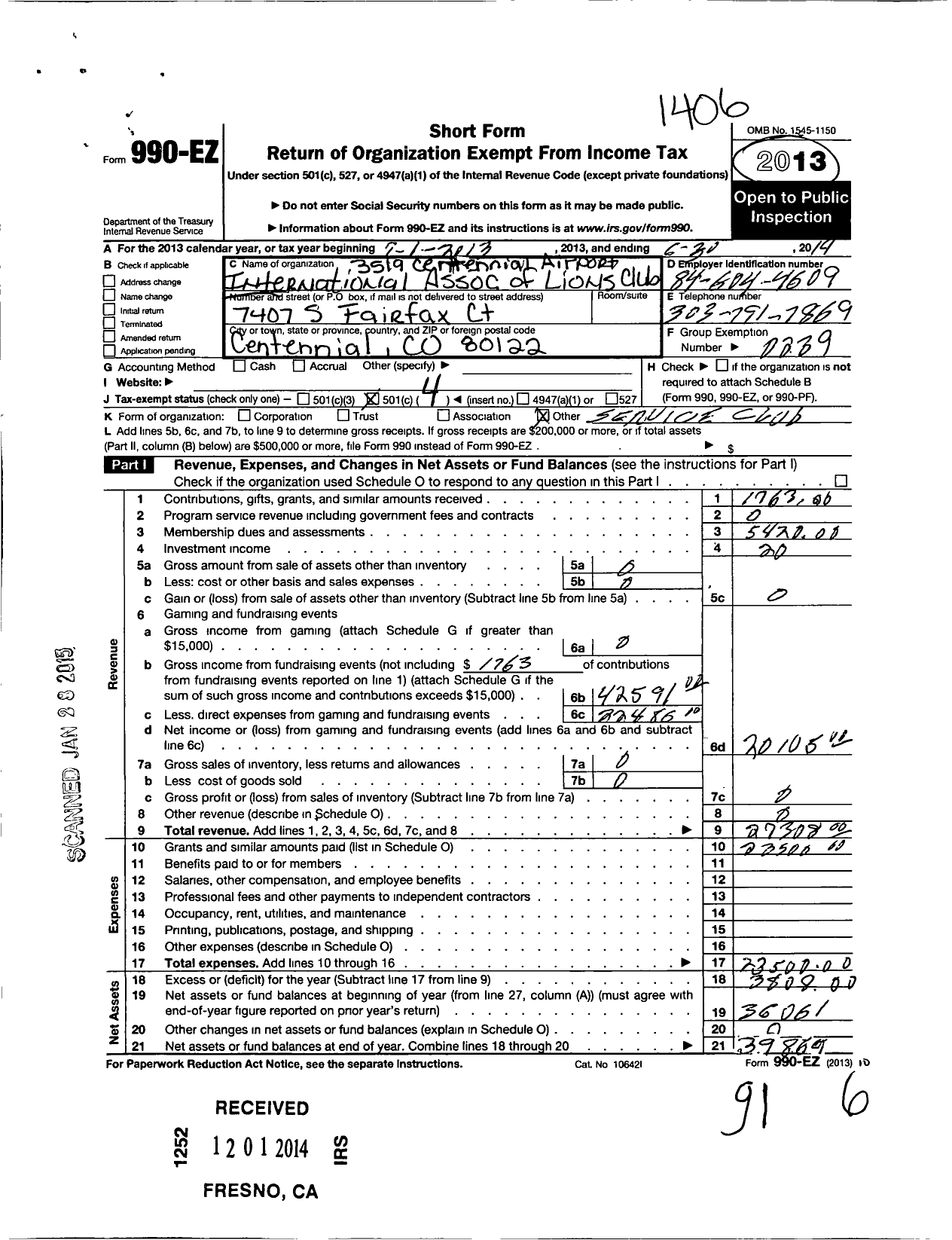 Image of first page of 2013 Form 990EO for Lions Clubs - 3519 Centennial Airport