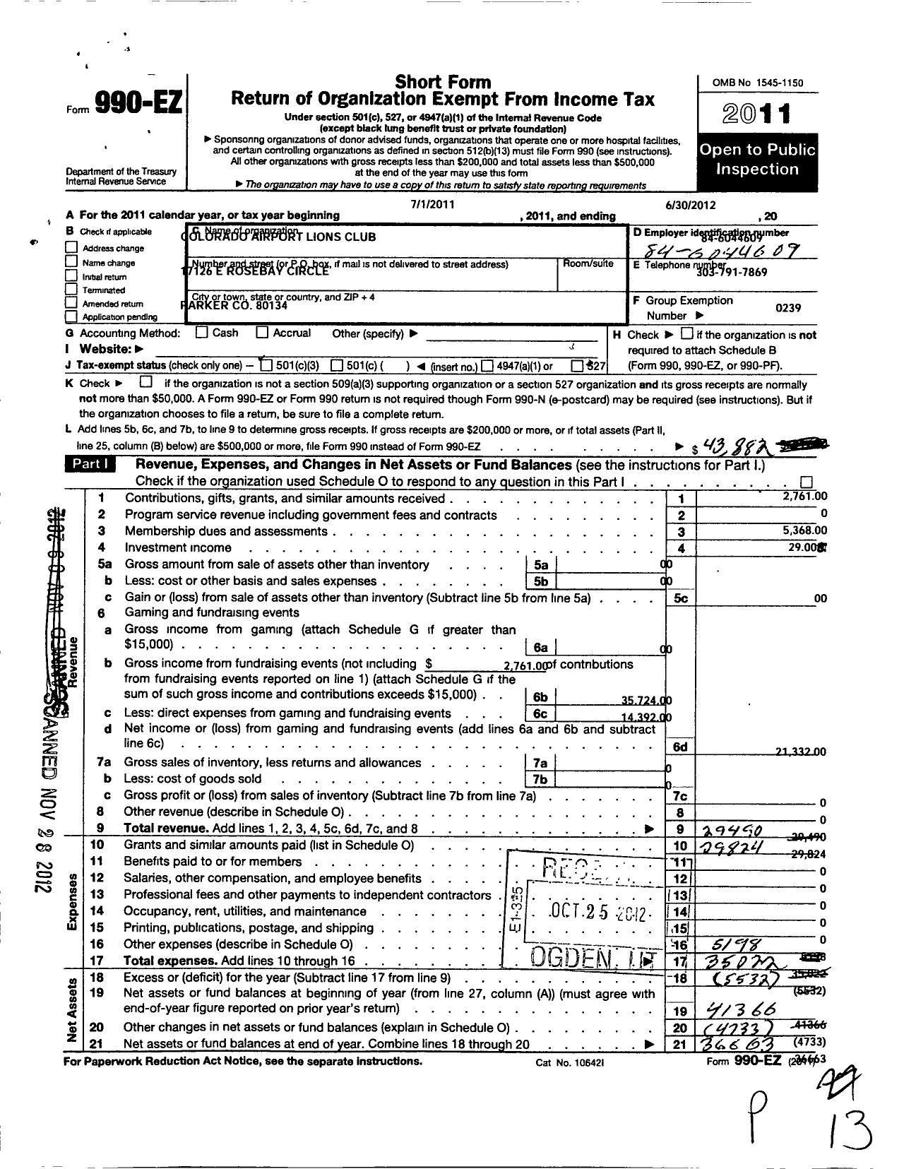 Image of first page of 2011 Form 990EO for Lions Clubs - 3519 Centennial Airport