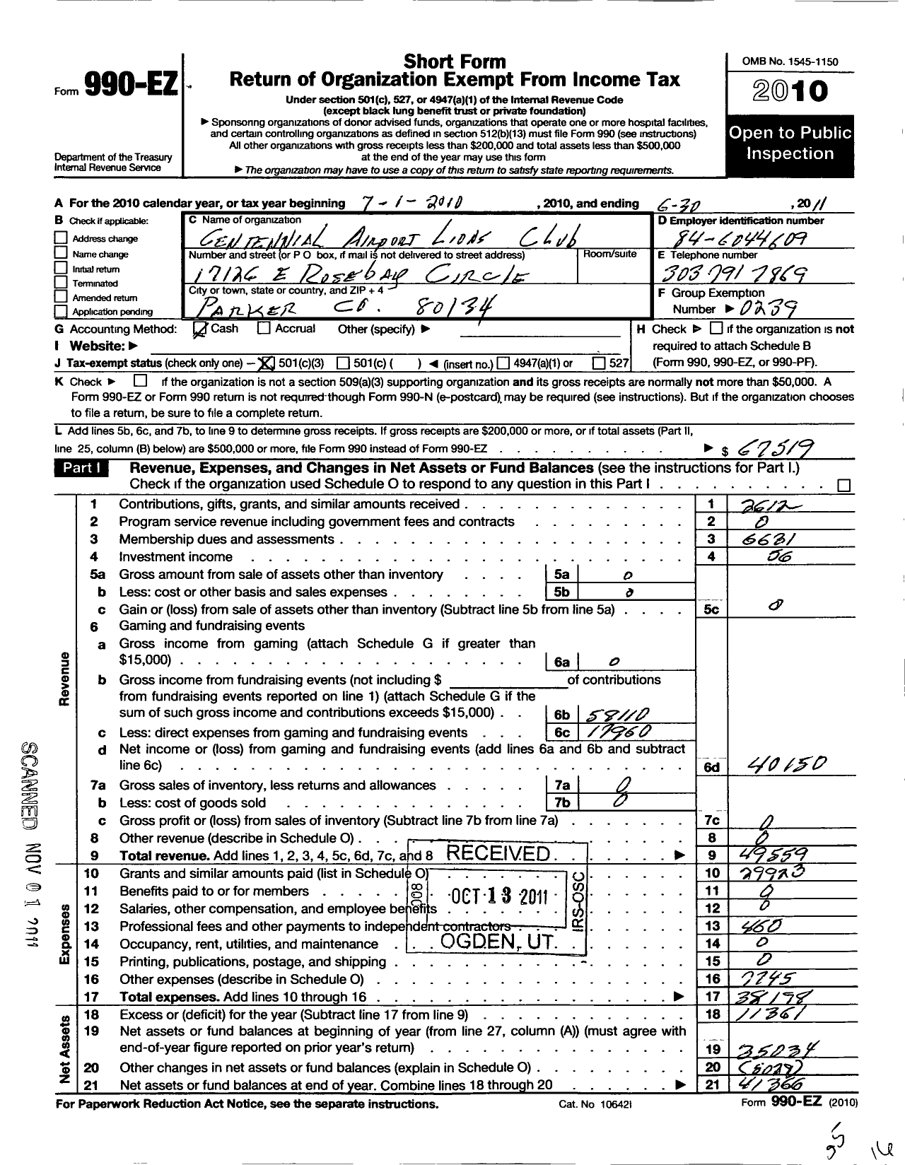 Image of first page of 2010 Form 990EZ for Lions Clubs - 3519 Centennial Airport