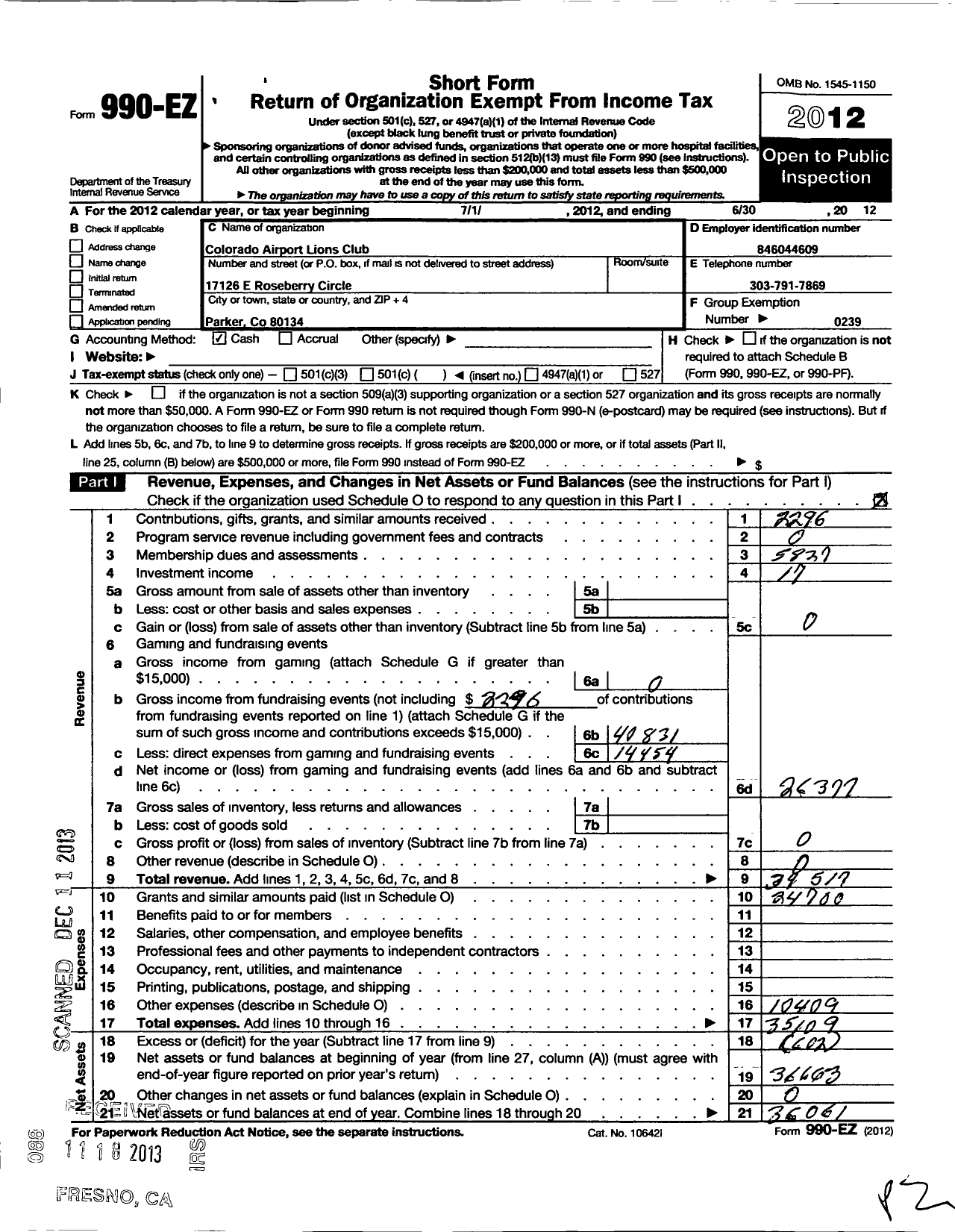 Image of first page of 2011 Form 990EO for Lions Clubs - 3519 Centennial Airport