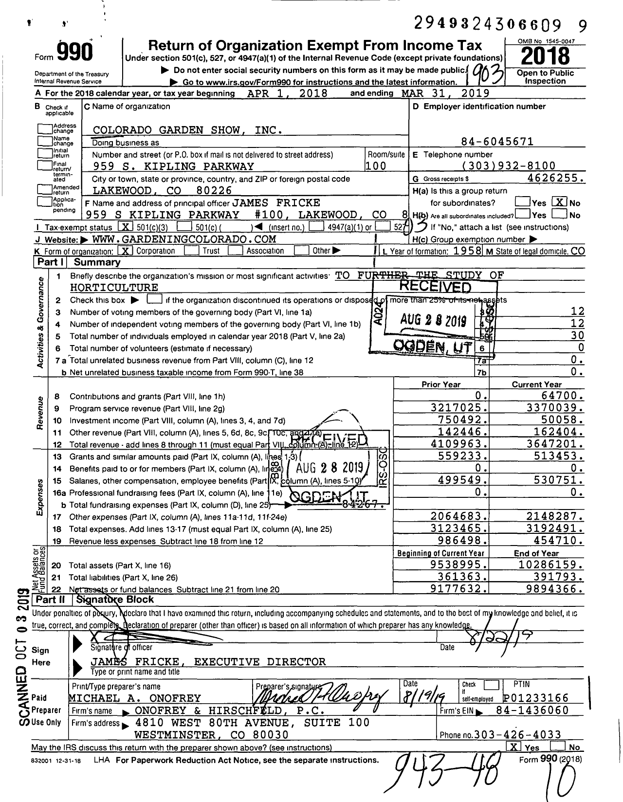 Image of first page of 2018 Form 990 for Colorado Garden Foundation (CGF)