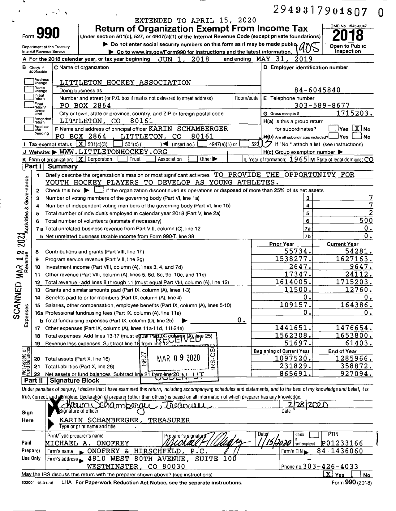 Image of first page of 2018 Form 990 for Littleton Hockey Association