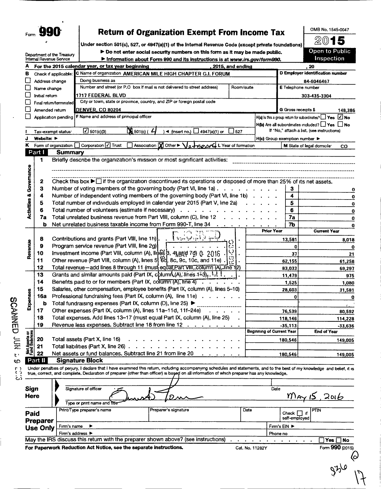 Image of first page of 2015 Form 990O for Mile Hi Veterans