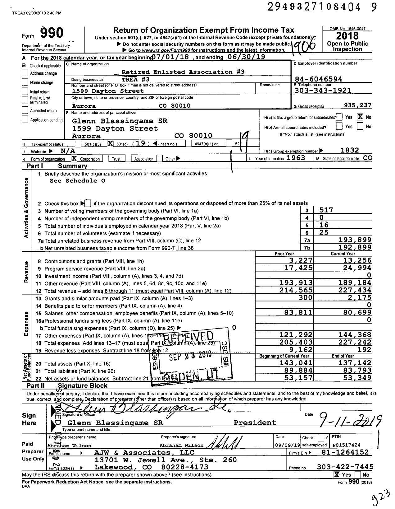 Image of first page of 2018 Form 990O for Retired Enlisted Association 3 - Trea 3