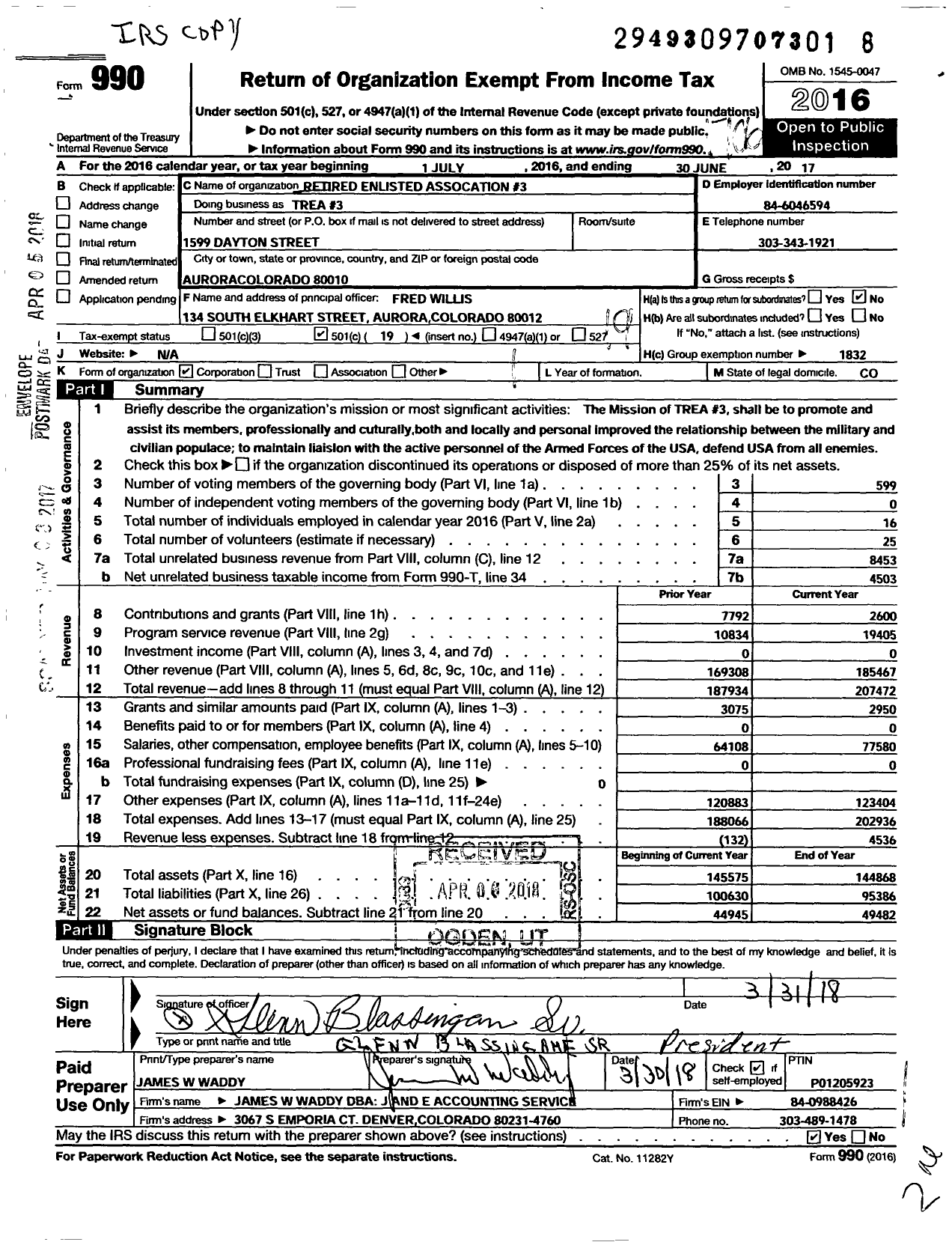 Image of first page of 2016 Form 990O for Retired Enlisted Association 3 - Trea 3