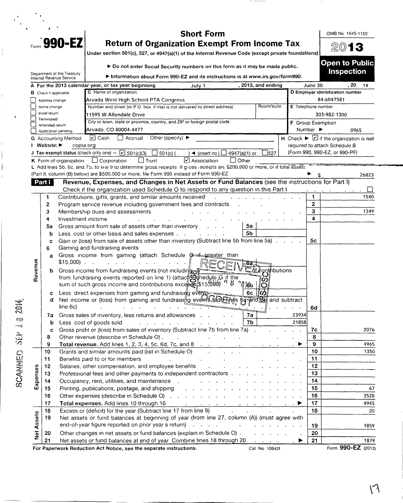 Image of first page of 2013 Form 990EZ for PTA Colorado Congress / Arvada West High School Ptsa