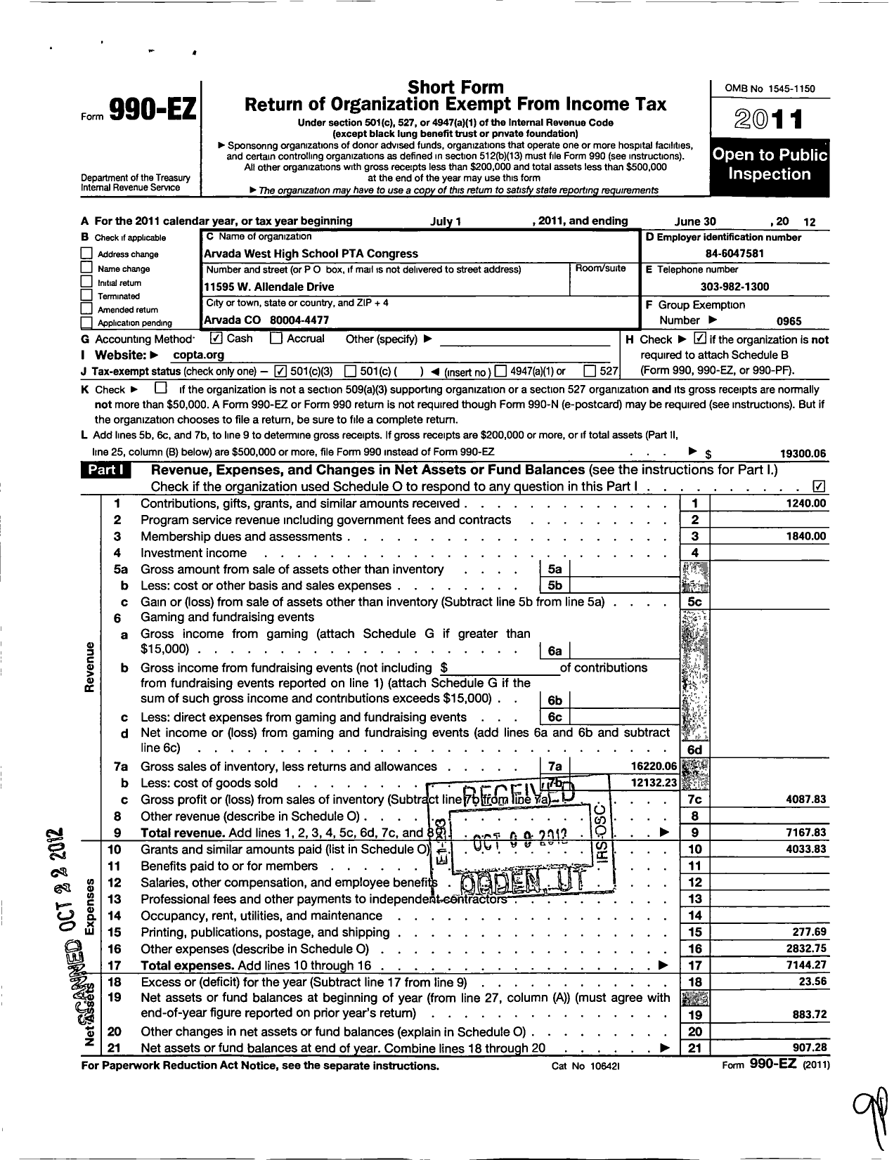 Image of first page of 2011 Form 990EZ for PTA Colorado Congress / Arvada West High School Ptsa