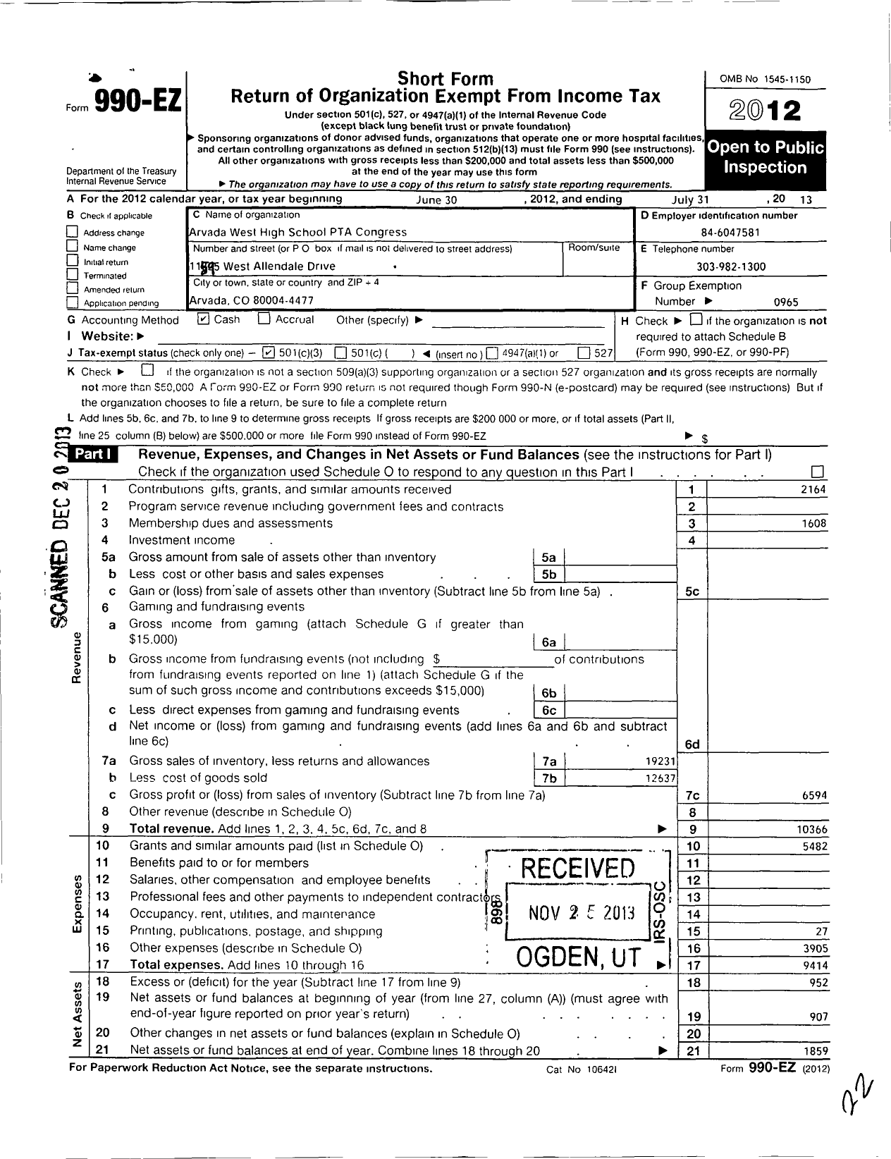 Image of first page of 2012 Form 990EZ for PTA Colorado Congress / Arvada West High School Ptsa