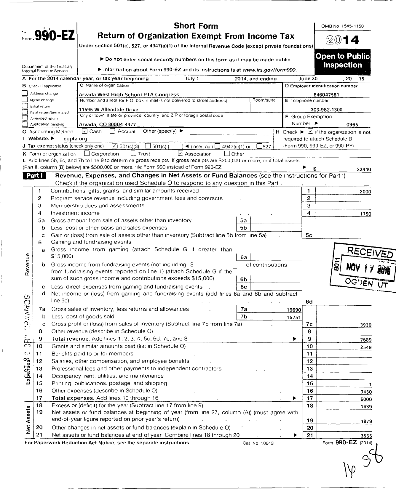 Image of first page of 2014 Form 990EZ for PTA Colorado Congress / Arvada West High School Ptsa