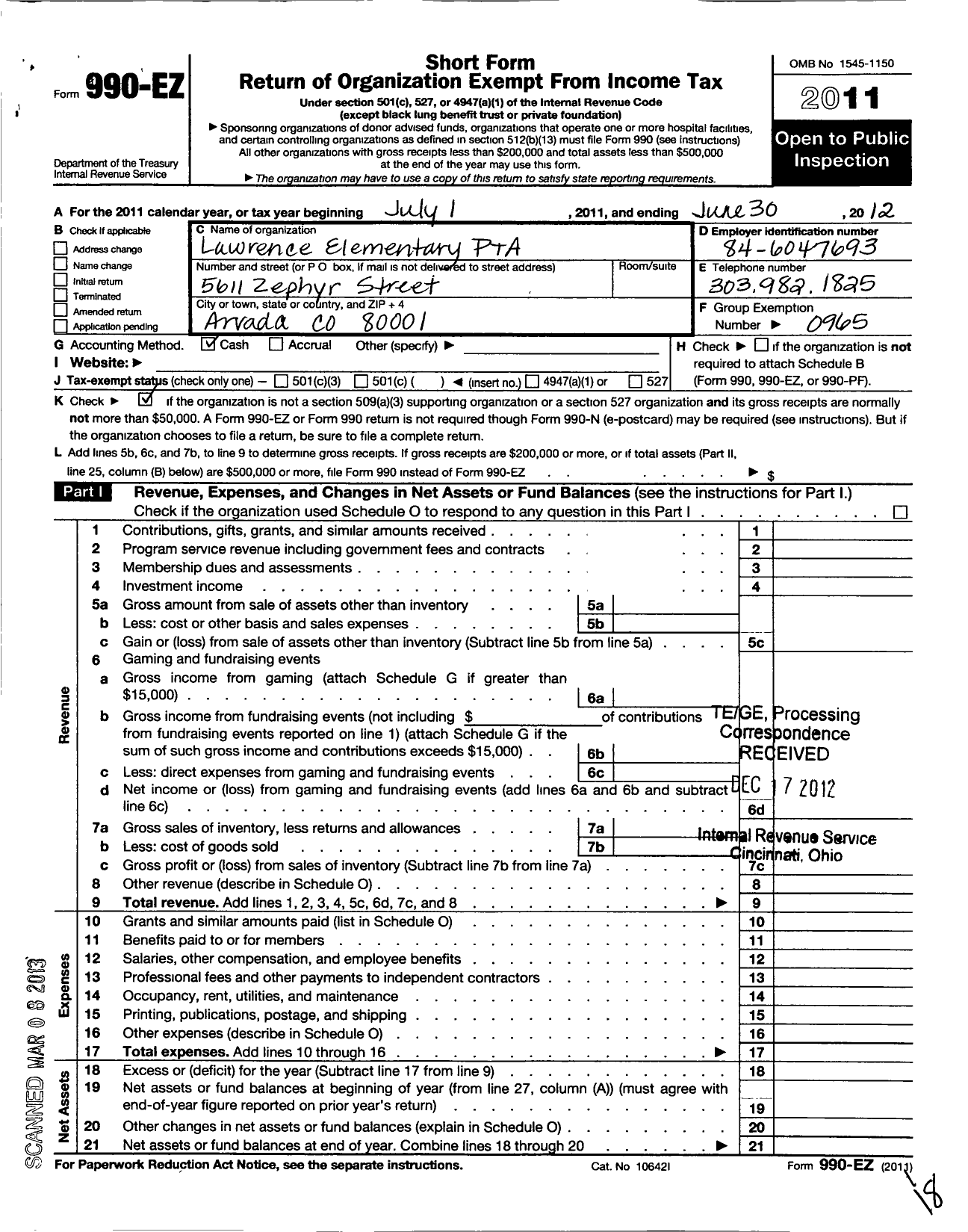 Image of first page of 2011 Form 990EO for PTA Colorado Congress / Lawrence Elementary PTA