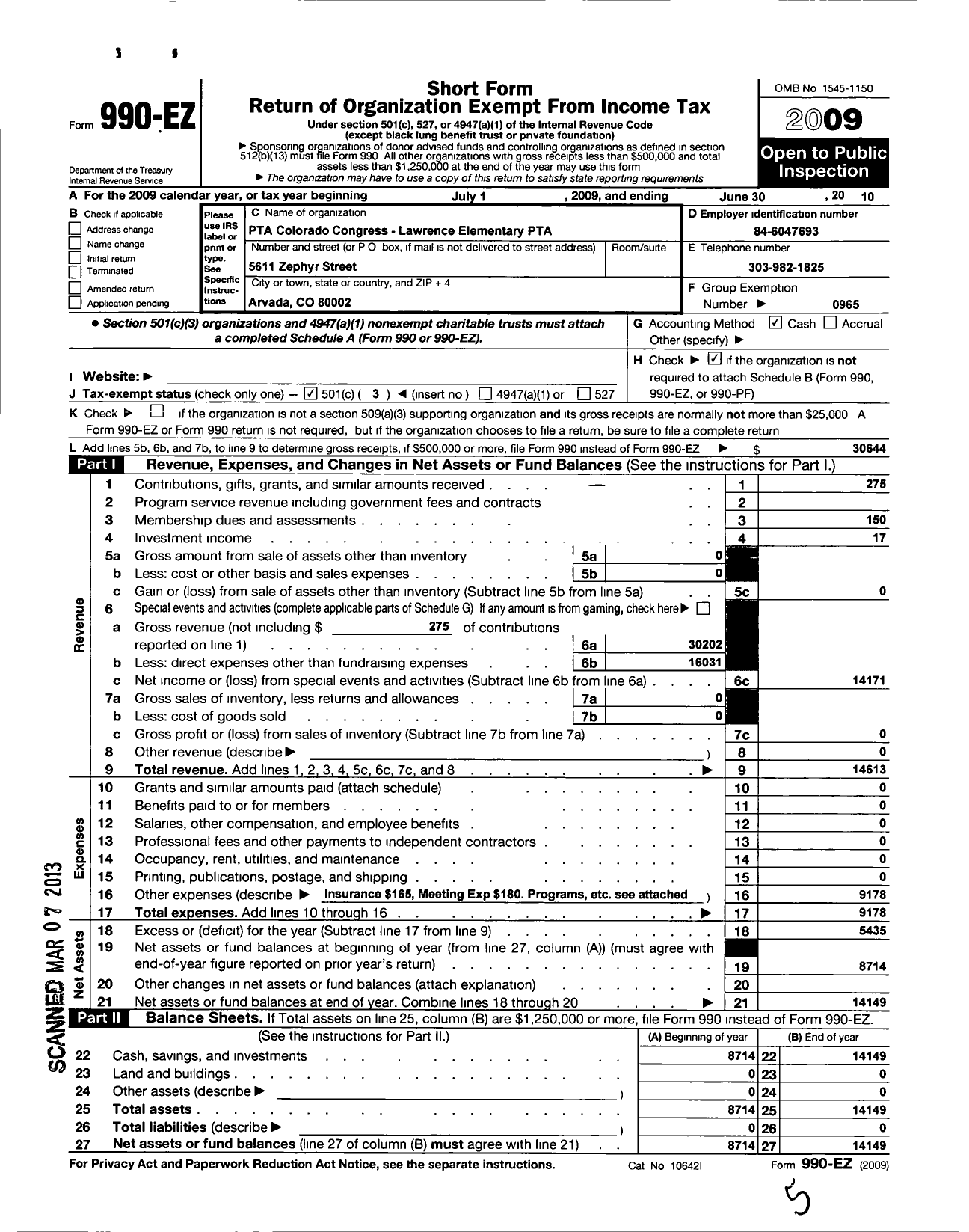 Image of first page of 2009 Form 990 for PTA Colorado Congress / Lawrence Elementary PTA