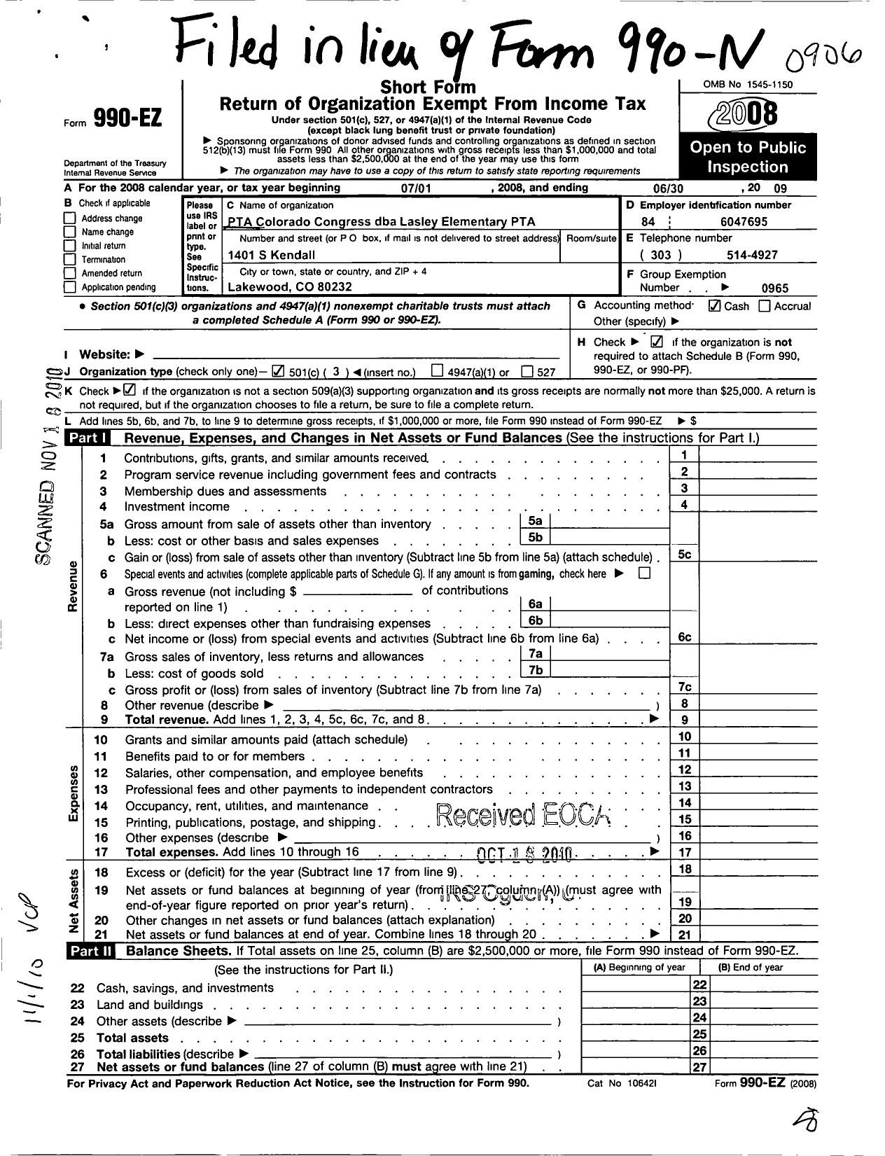 Image of first page of 2008 Form 990EZ for PTA Colorado Congress / Lasley Elementary Colorado Congress