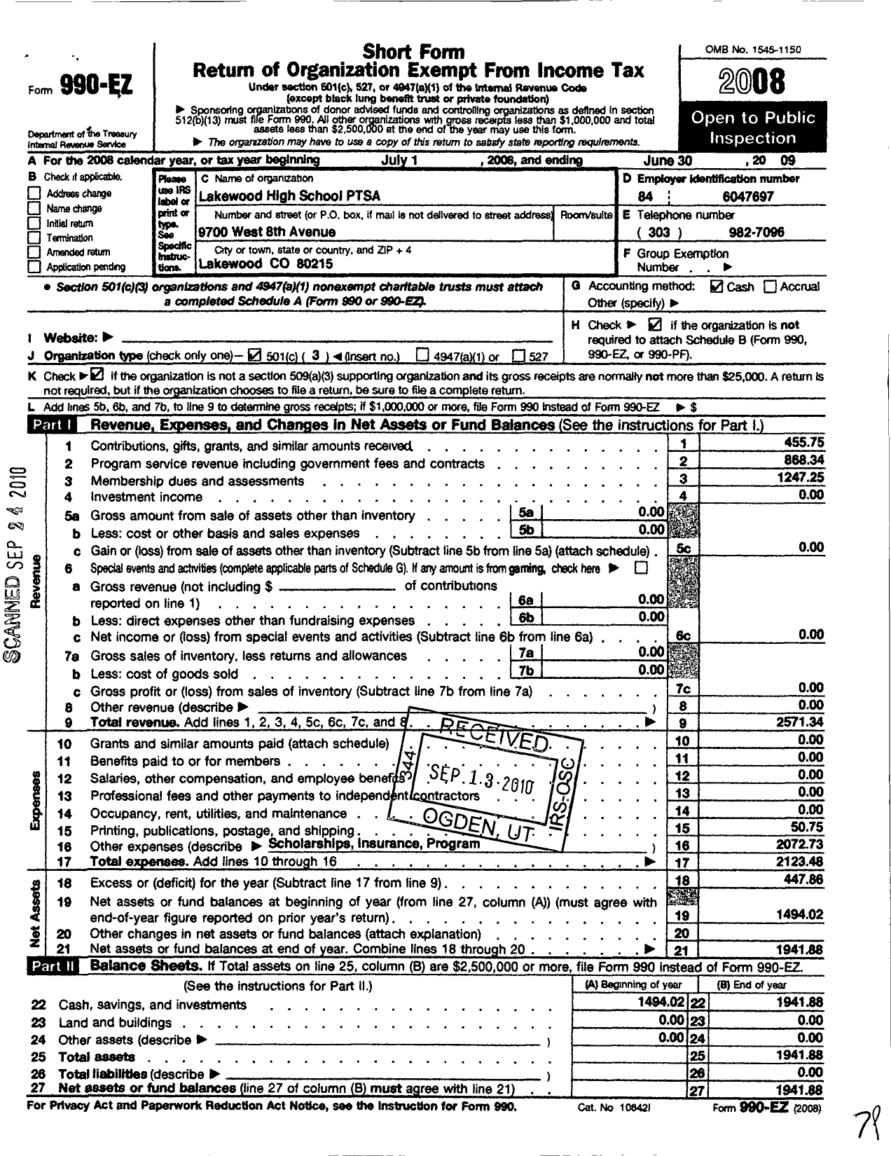 Image of first page of 2008 Form 990EZ for PTA Colorado Congress / Lakewood High School Ptsa