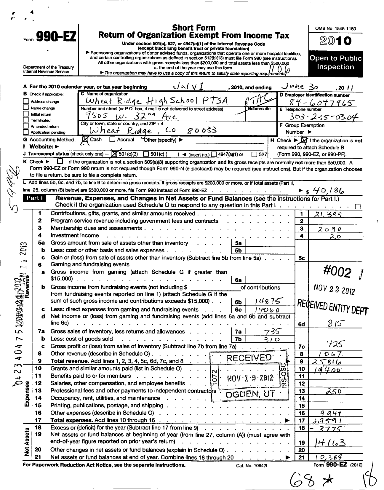 Image of first page of 2010 Form 990EZ for PTA Colorado Congress / Wheat Ridge High School Ptsa