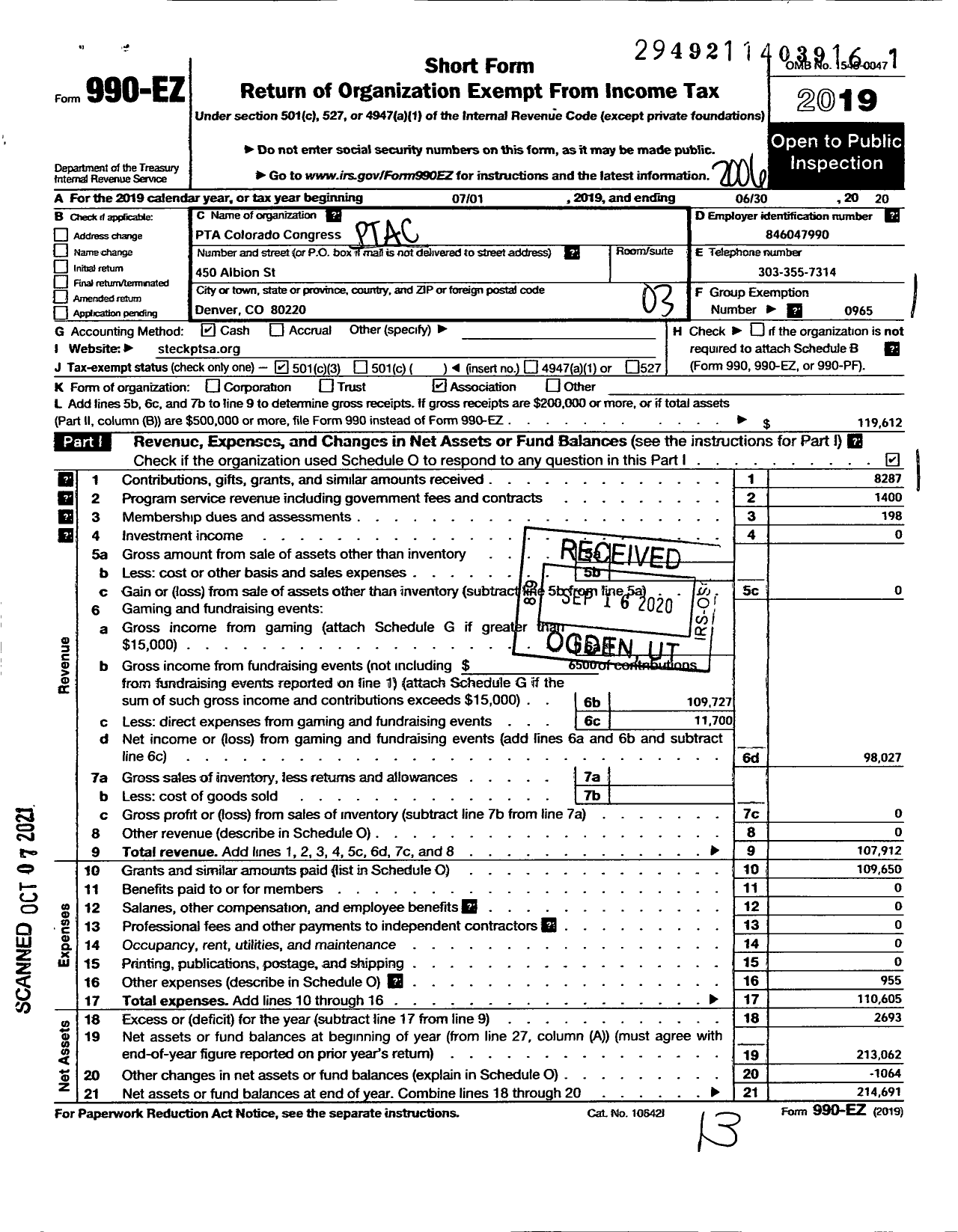 Image of first page of 2019 Form 990EZ for PTA Colorado Congress / Steck Elementary School Ptsa