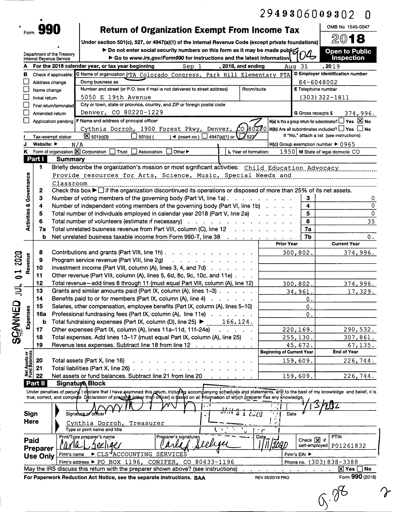 Image of first page of 2018 Form 990 for PTA Colorado Congress Park Hill Elementary PTA