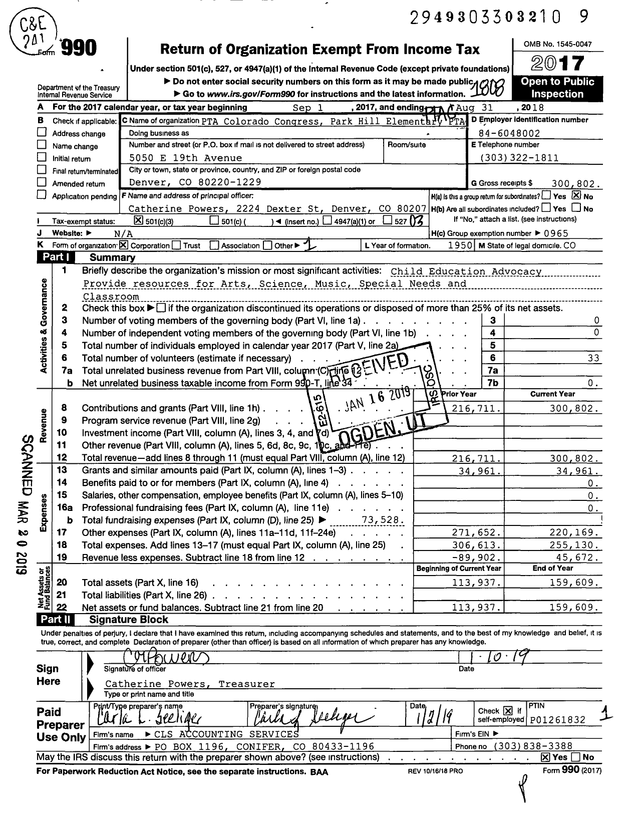 Image of first page of 2017 Form 990 for PTA Colorado Congress Park Hill Elementary PTA