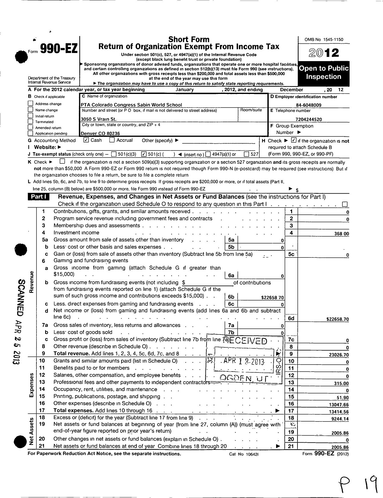 Image of first page of 2012 Form 990EO for PTA Colorado Congress / Sabin Elementary