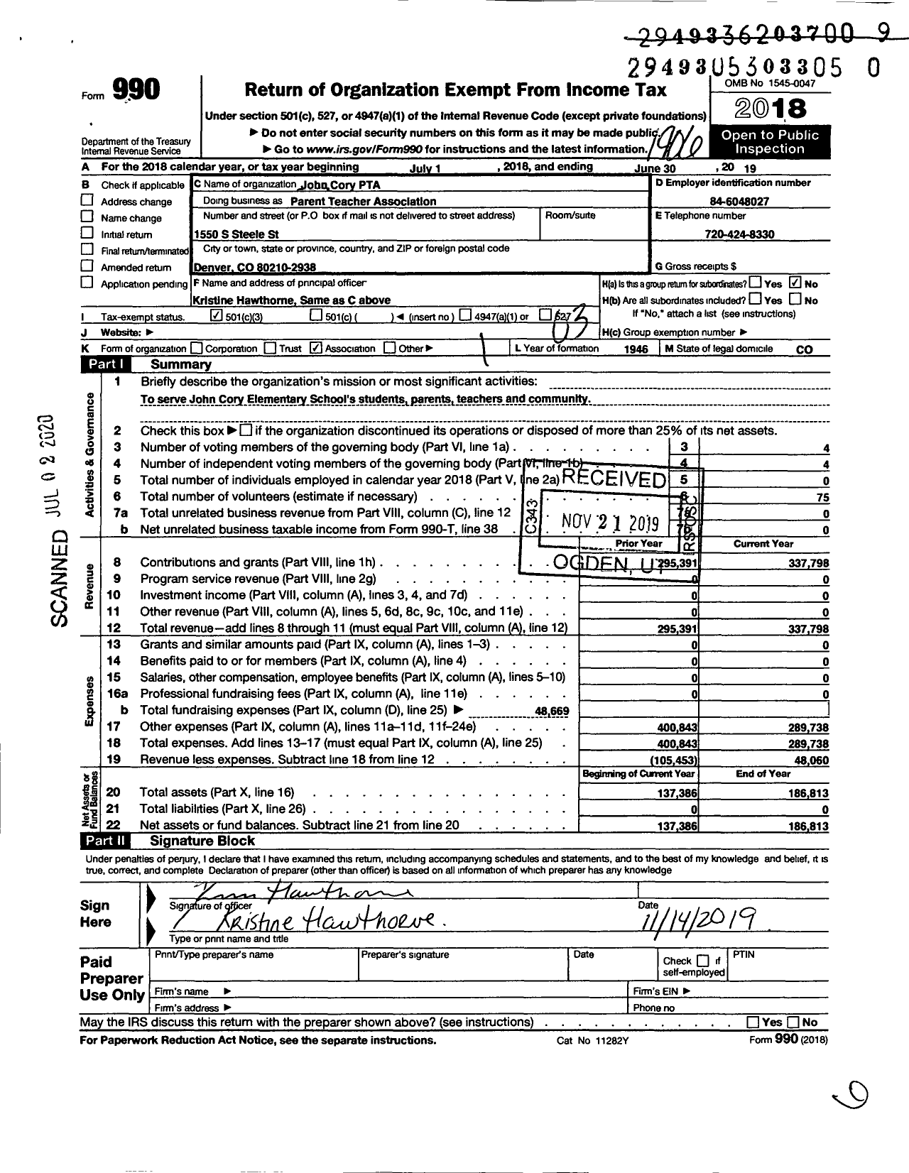 Image of first page of 2018 Form 990 for PTA Colorado Congress / John Cory Elementary PTA