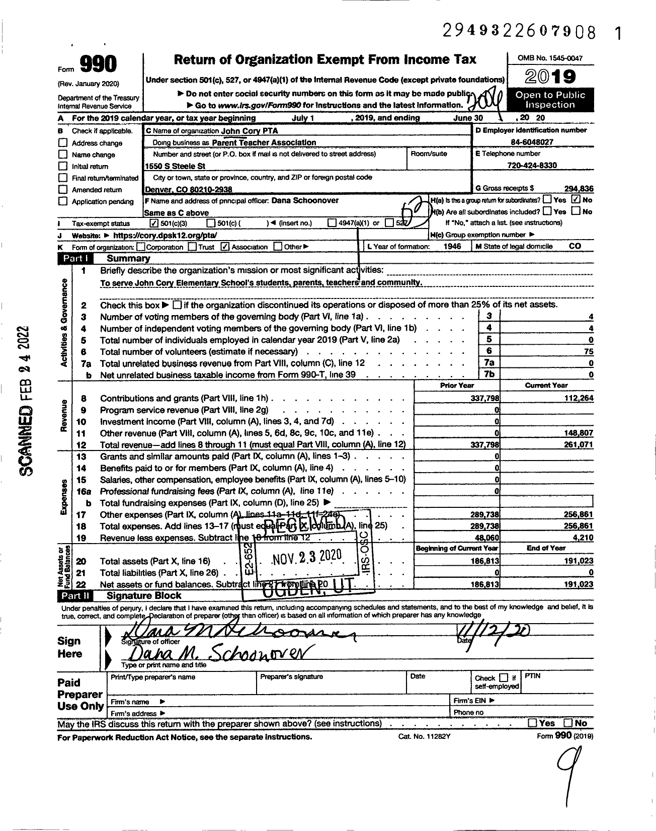 Image of first page of 2019 Form 990 for John Cory PTA