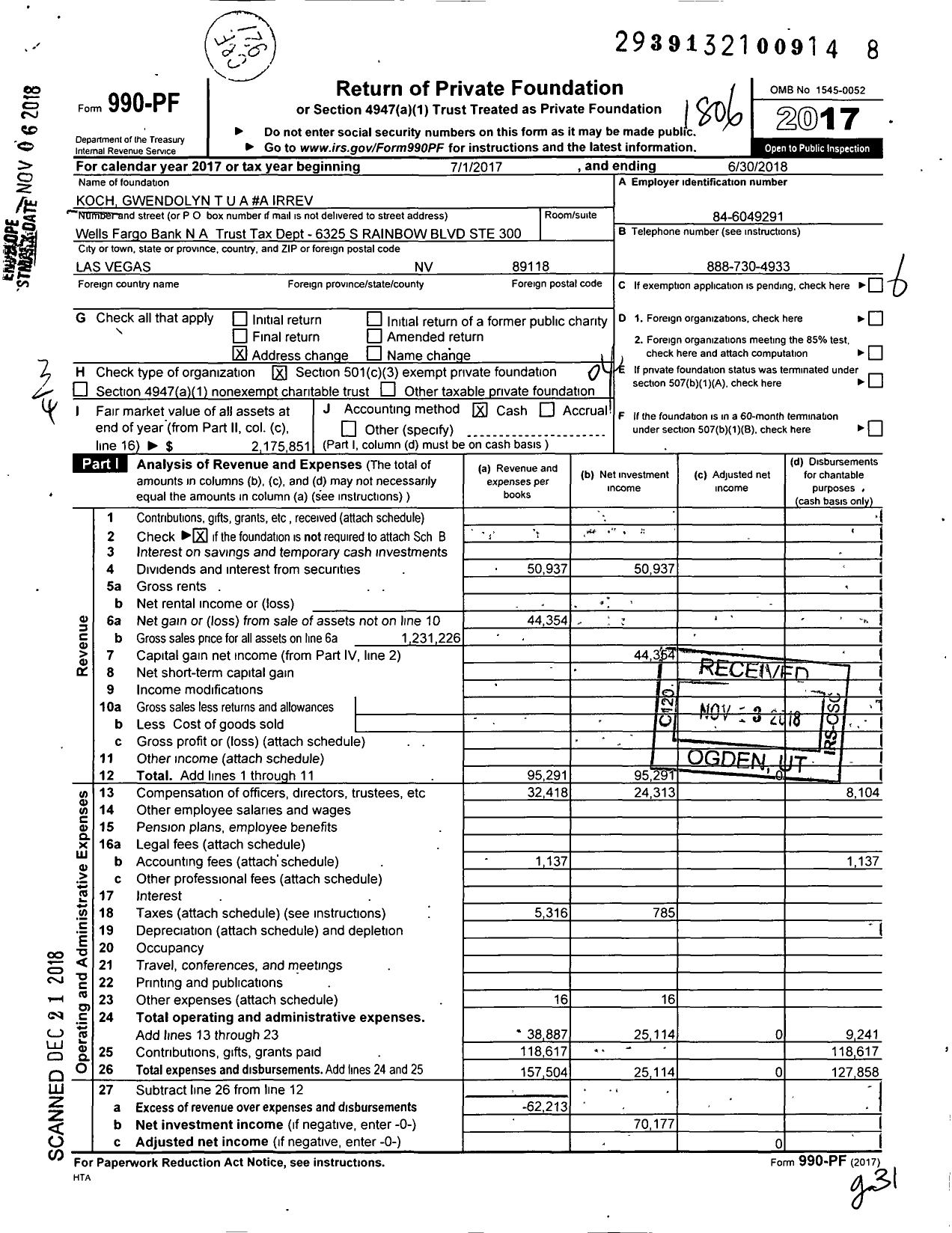 Image of first page of 2017 Form 990PF for Koch Gwendolyn Tua #a Irrev-Main