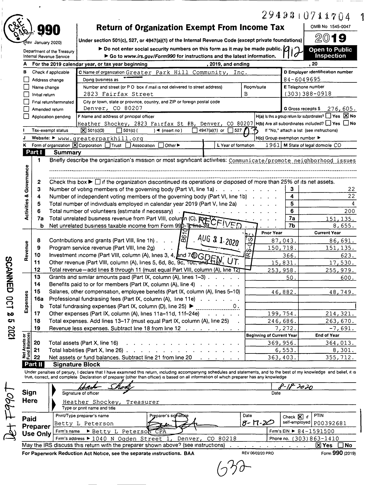 Image of first page of 2019 Form 990 for Greater Park Hill Community