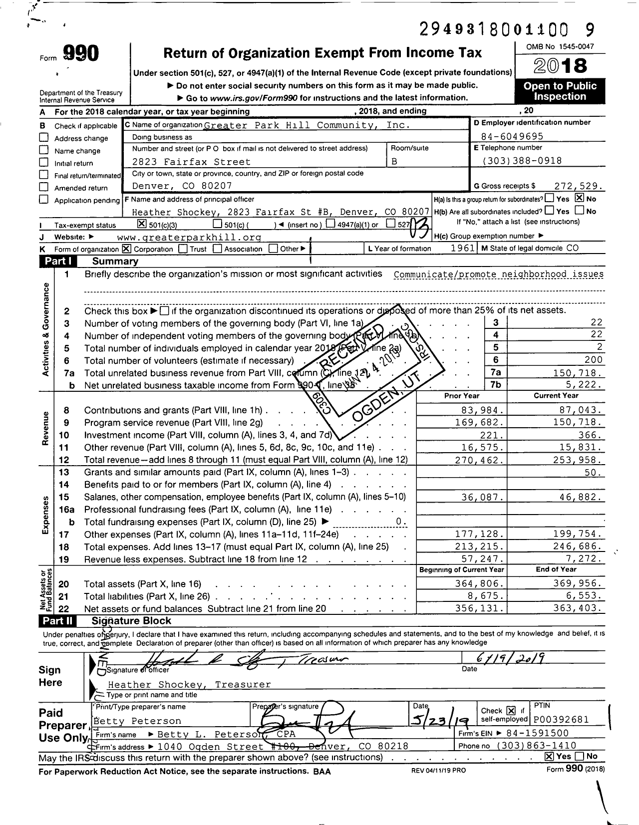 Image of first page of 2018 Form 990 for Greater Park Hill Community