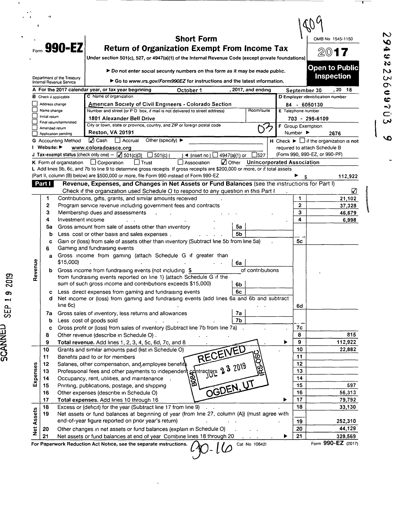 Image of first page of 2017 Form 990EZ for AMERICAN SOCIETY OF CIVIL ENGINEERS Colorado Section