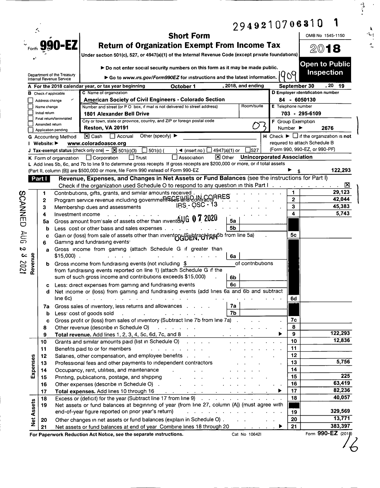 Image of first page of 2018 Form 990EZ for AMERICAN SOCIETY OF CIVIL ENGINEERS Colorado Section