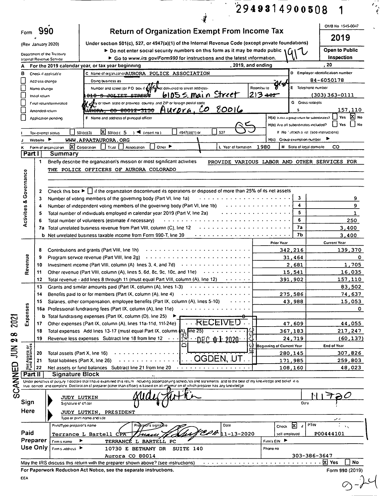 Image of first page of 2019 Form 990O for Aurora Police Association