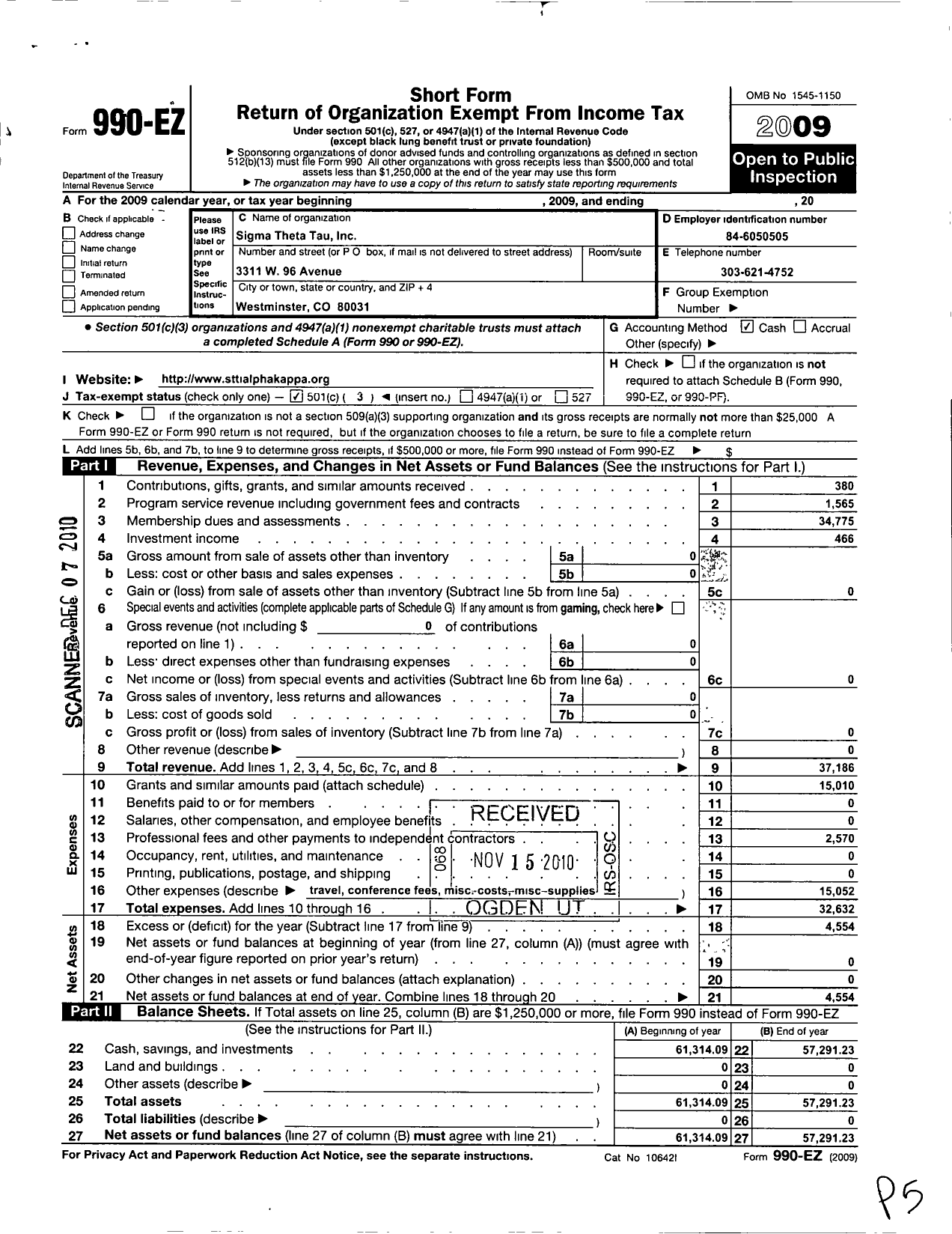 Image of first page of 2009 Form 990EZ for Sigma Theta Tau - 32 Alpha Kappa At-Large Chapter