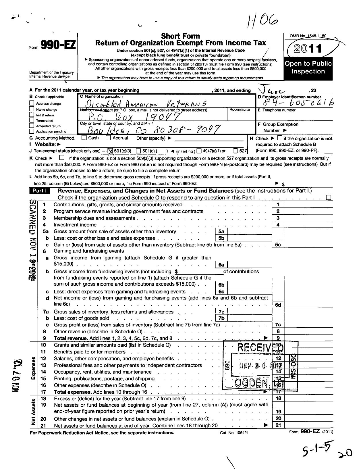 Image of first page of 2010 Form 990EZ for Disabled American Veterans - 10 Boulder