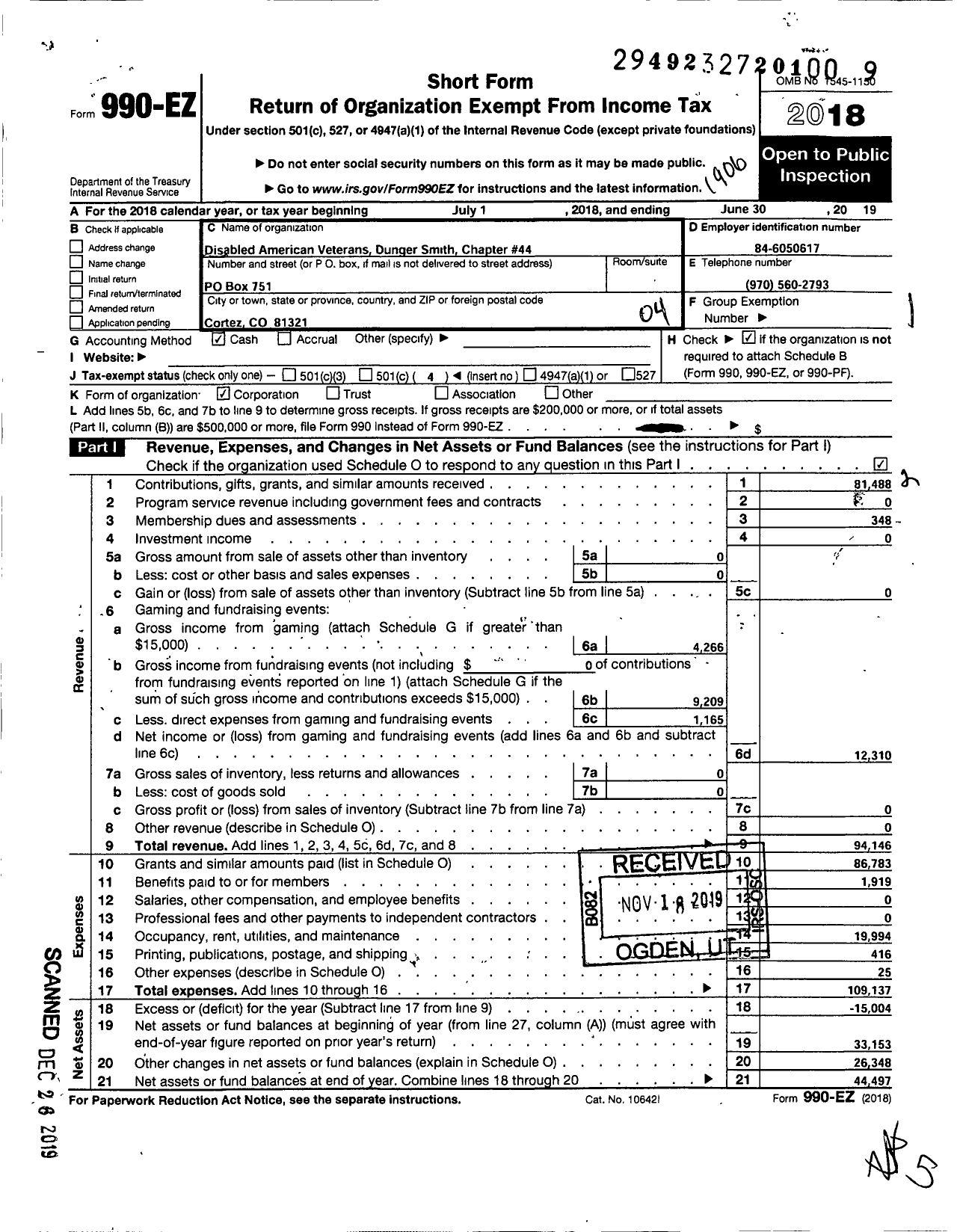 Image of first page of 2018 Form 990EO for Disabled American Veterans / 44 Lindsay Geer