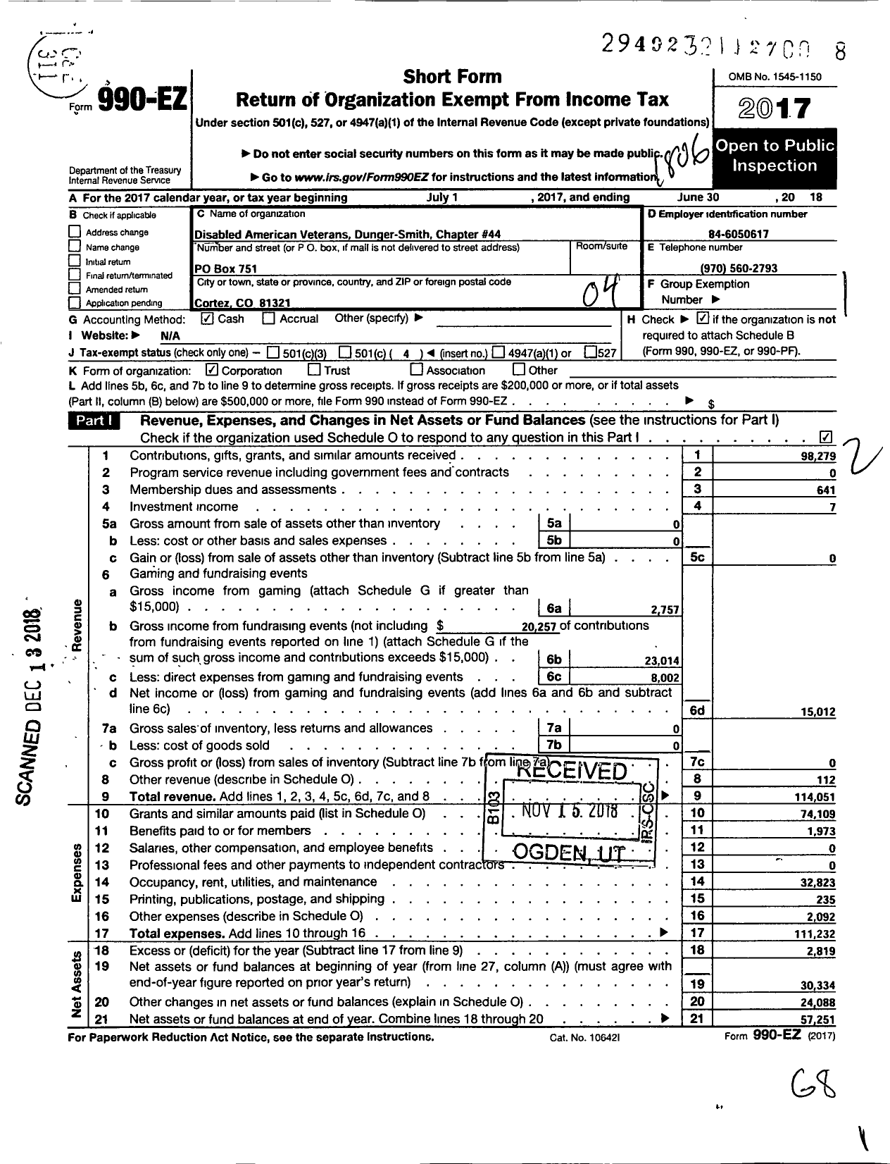 Image of first page of 2017 Form 990EO for Disabled American Veterans / 44 Lindsay Geer