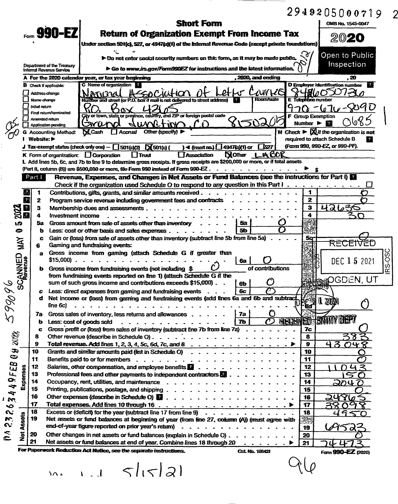 Image of first page of 2020 Form 990EO for National Association of Letter Carriers - 913 Grand Junction Colorado