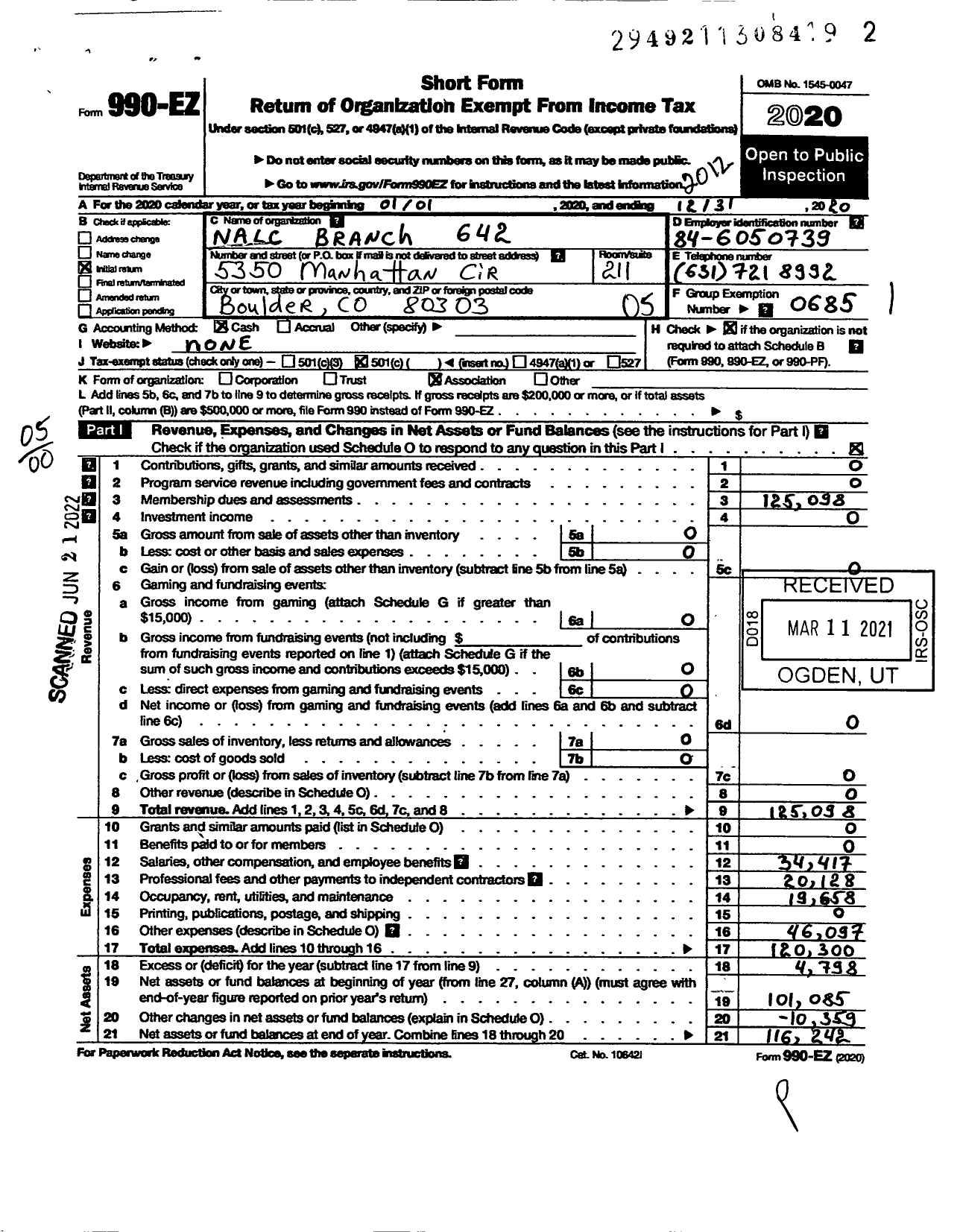 Image of first page of 2020 Form 990EO for NATIONAL ASSOCIATION OF LETTER CARRIERS - 0642 Flatirons Branch