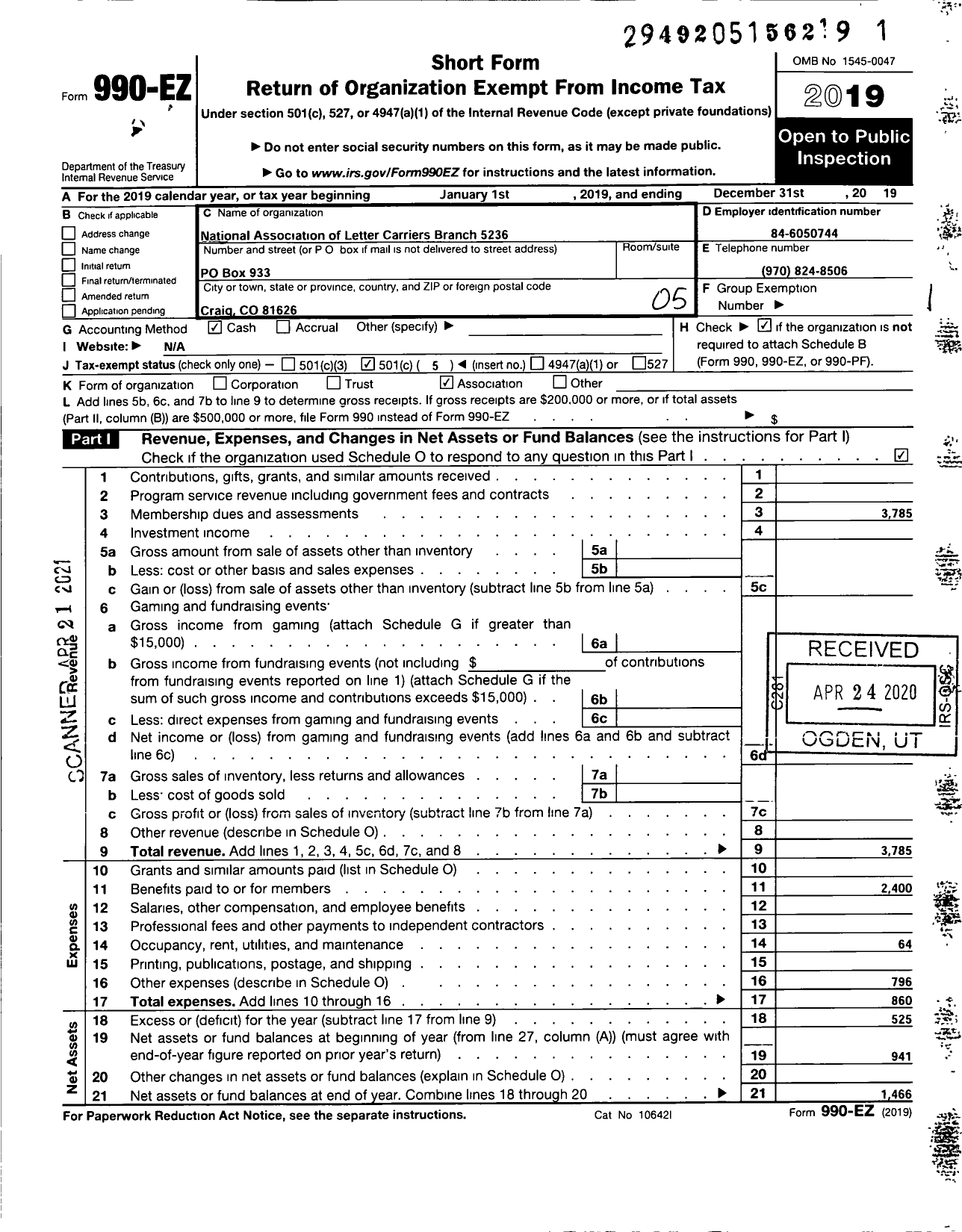 Image of first page of 2019 Form 990EO for National Association of Letter Carriers / 5236 Craig Colorado