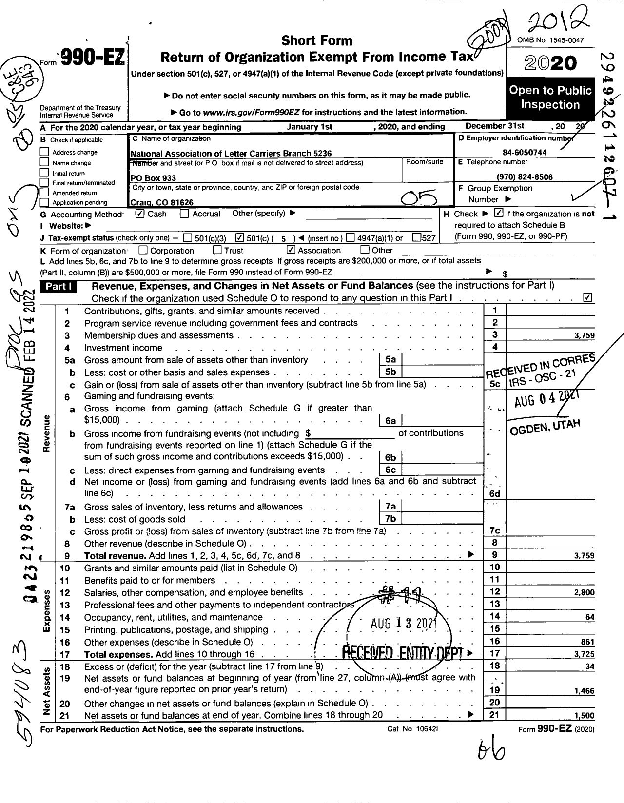 Image of first page of 2020 Form 990EO for National Association of Letter Carriers / 5236 Craig Colorado