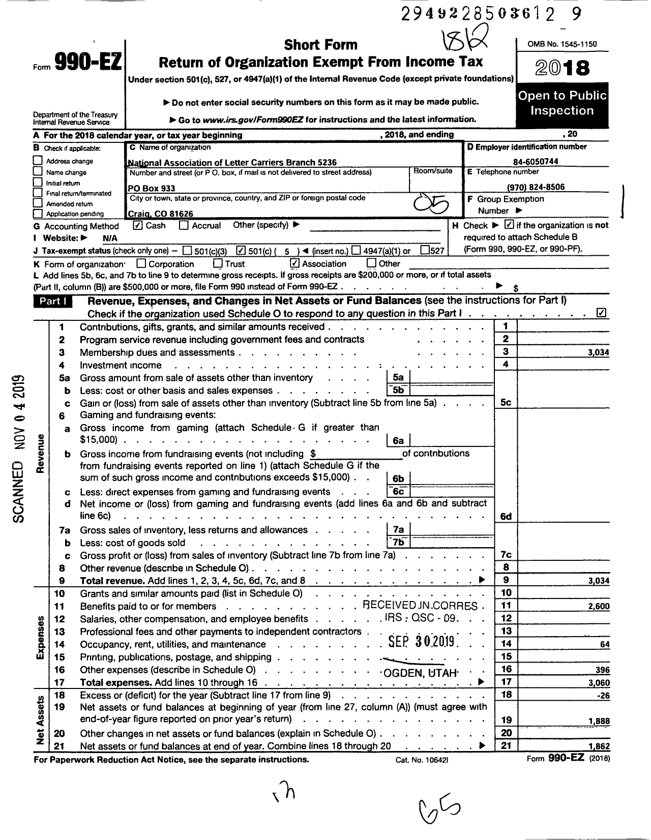 Image of first page of 2018 Form 990EO for National Association of Letter Carriers / 5236 Craig Colorado