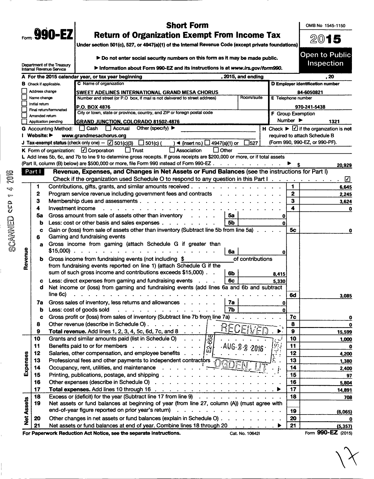 Image of first page of 2015 Form 990EZ for Sweet Adelines International - Grand Mesa A Cappella Chorus