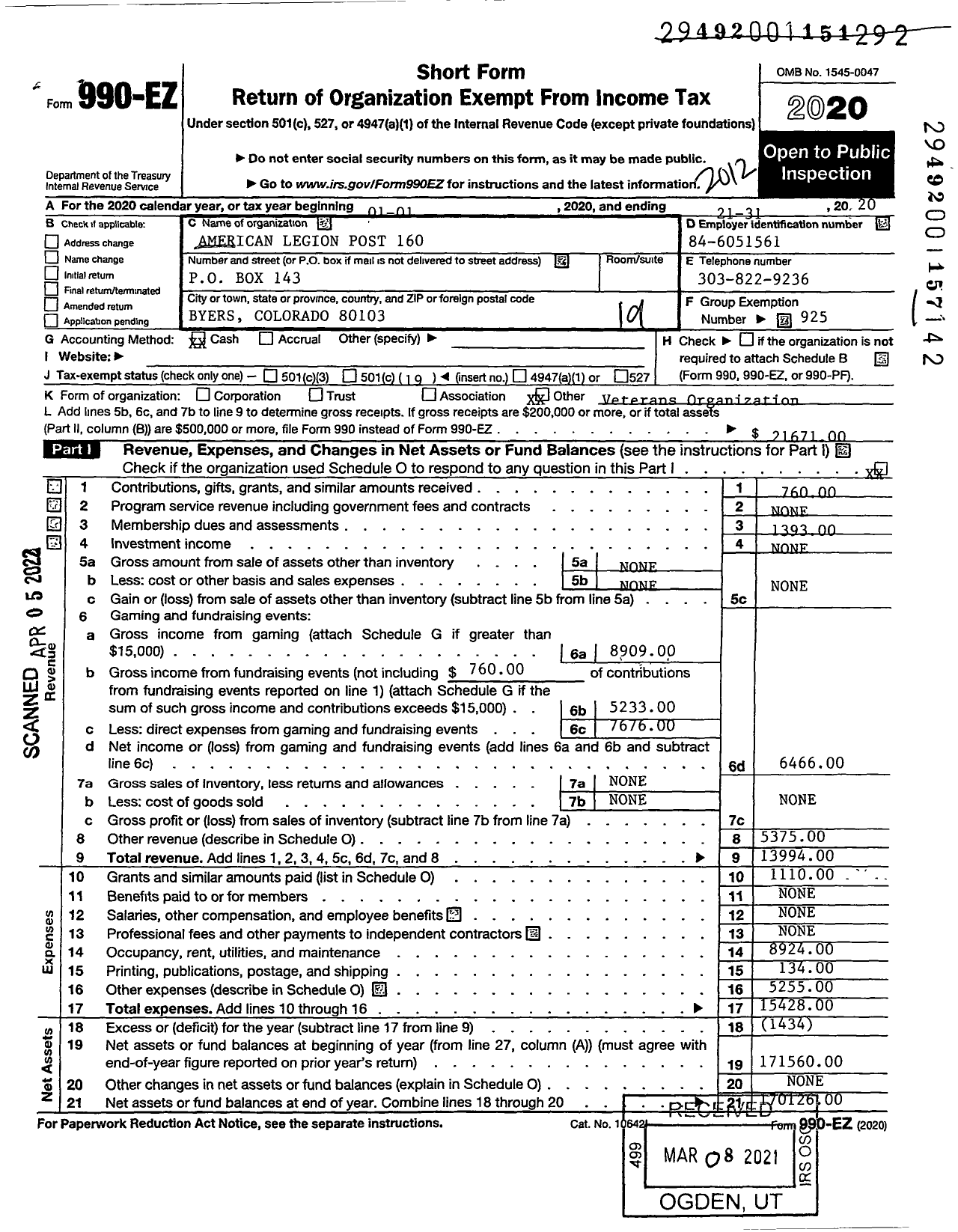 Image of first page of 2020 Form 990EO for American Legion - 160 Alton Franz