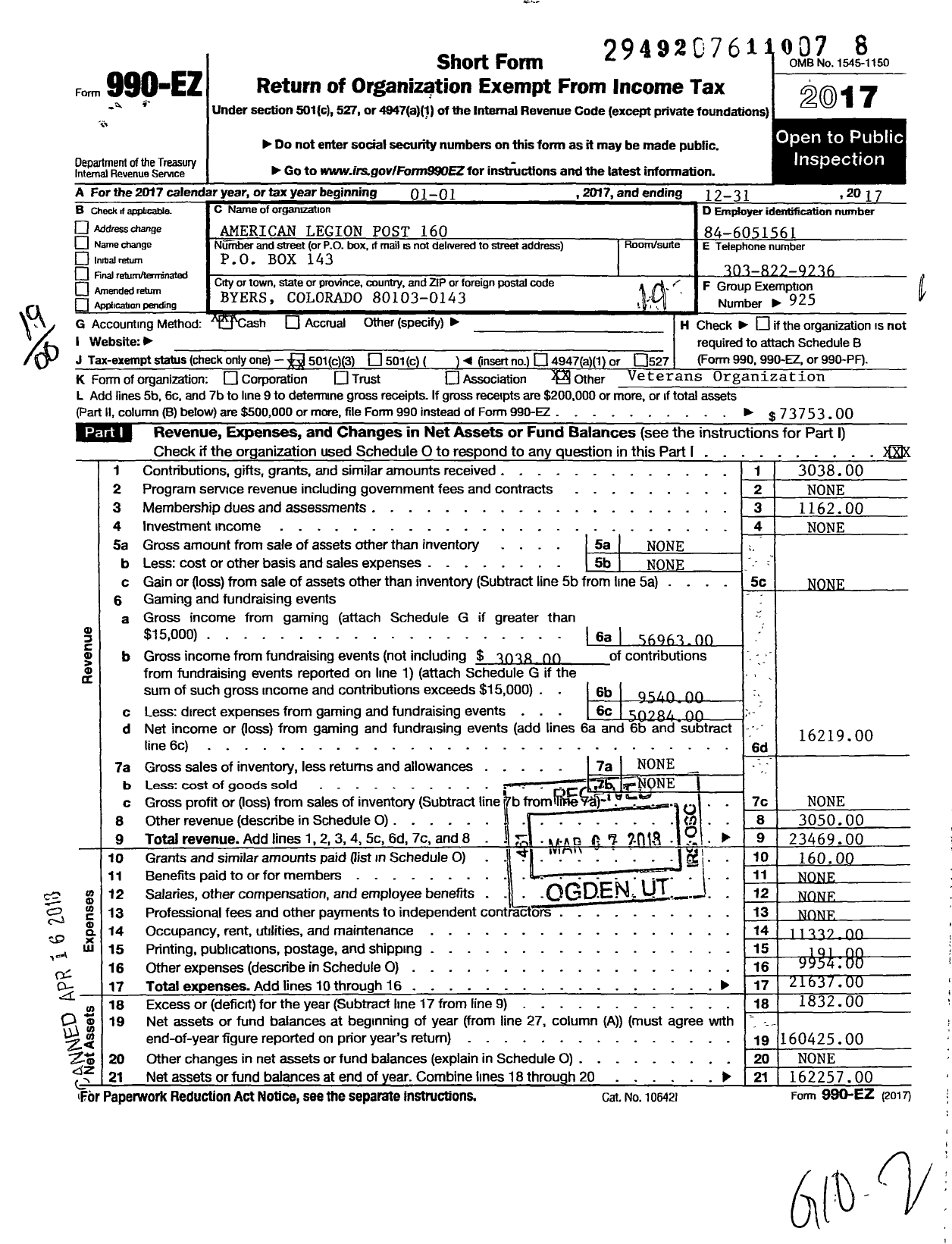 Image of first page of 2017 Form 990EO for American Legion - 160 Alton Franz