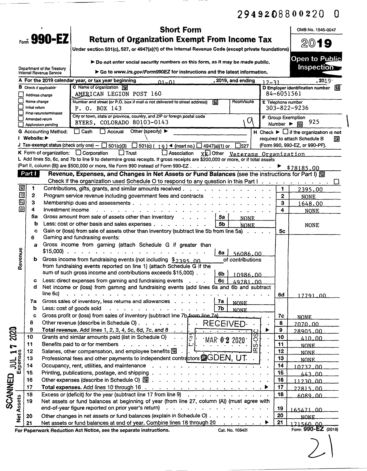 Image of first page of 2019 Form 990EO for American Legion - 160 Alton Franz