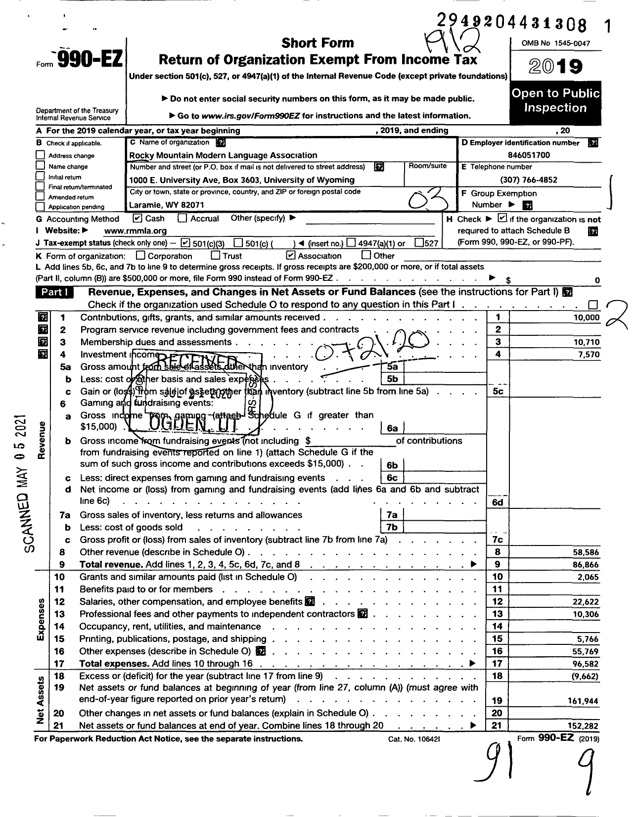 Image of first page of 2019 Form 990EZ for Rocky Mountain Modern Language Association