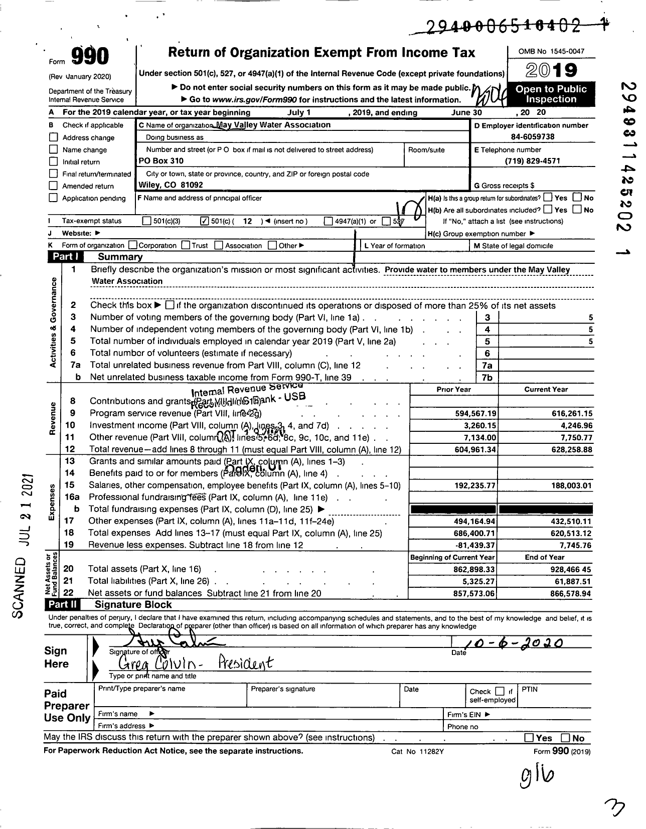 Image of first page of 2019 Form 990O for May Valley Water Association