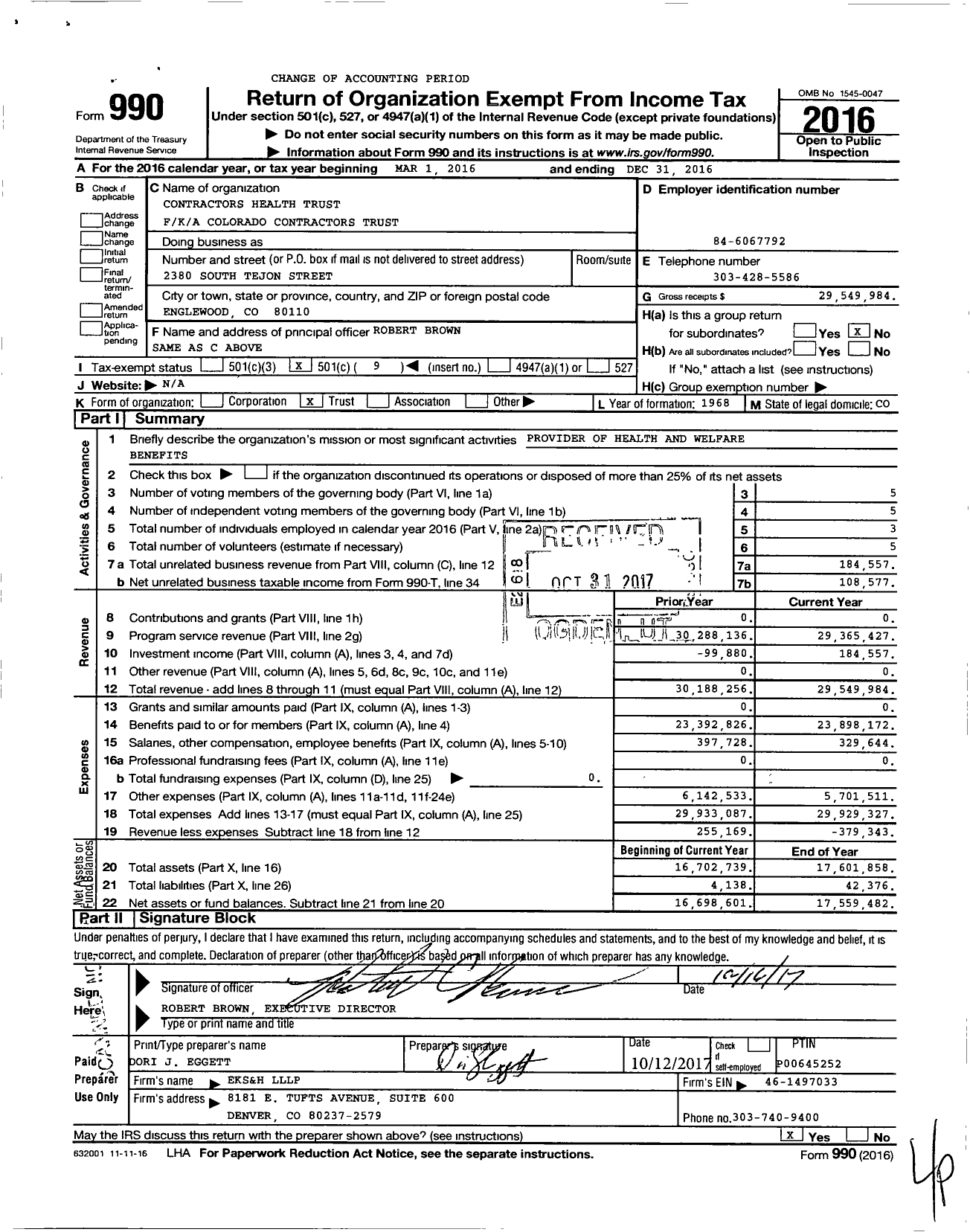 Image of first page of 2016 Form 990O for Contractors Health Trust