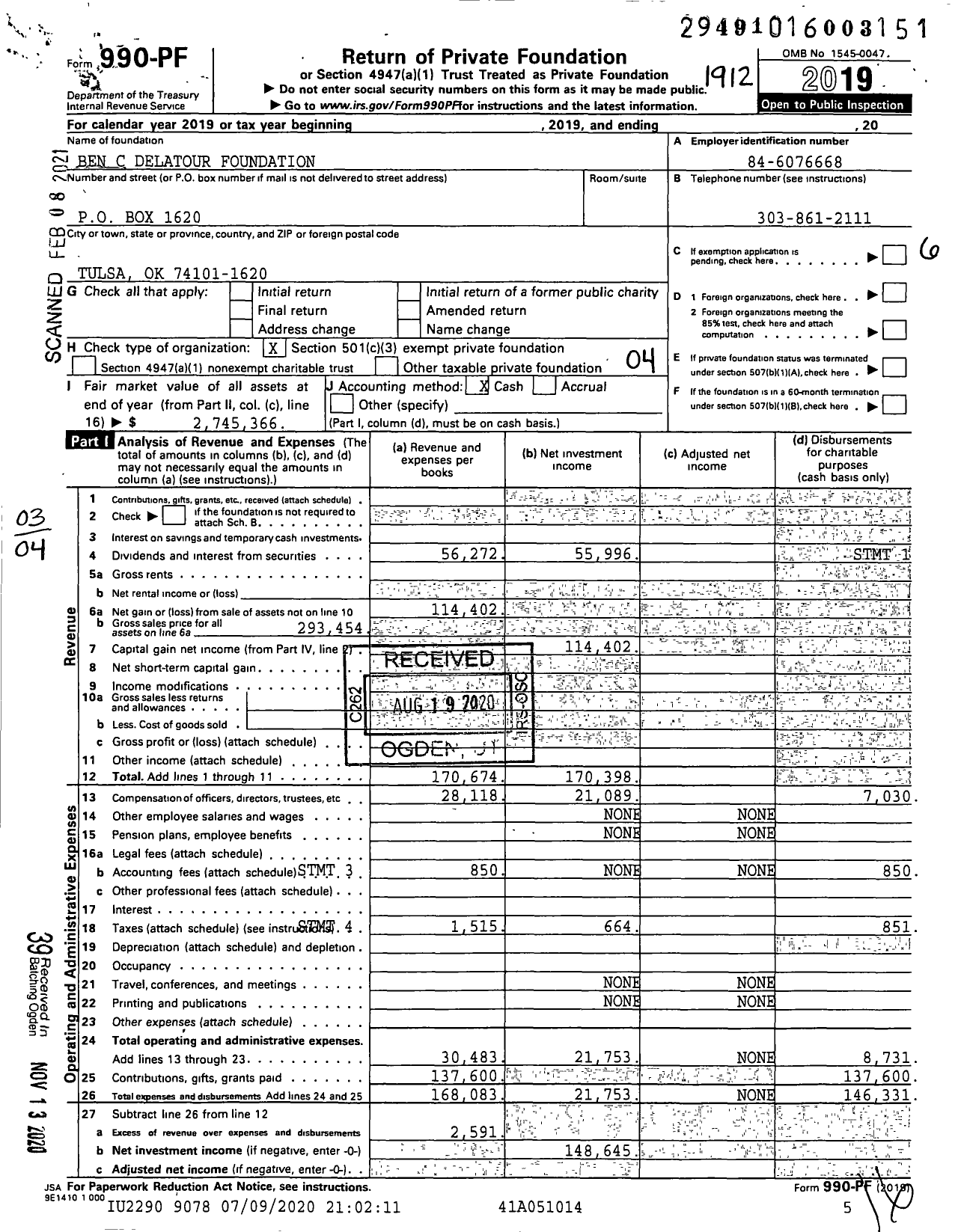 Image of first page of 2019 Form 990PF for Ben C Delatour Foundation