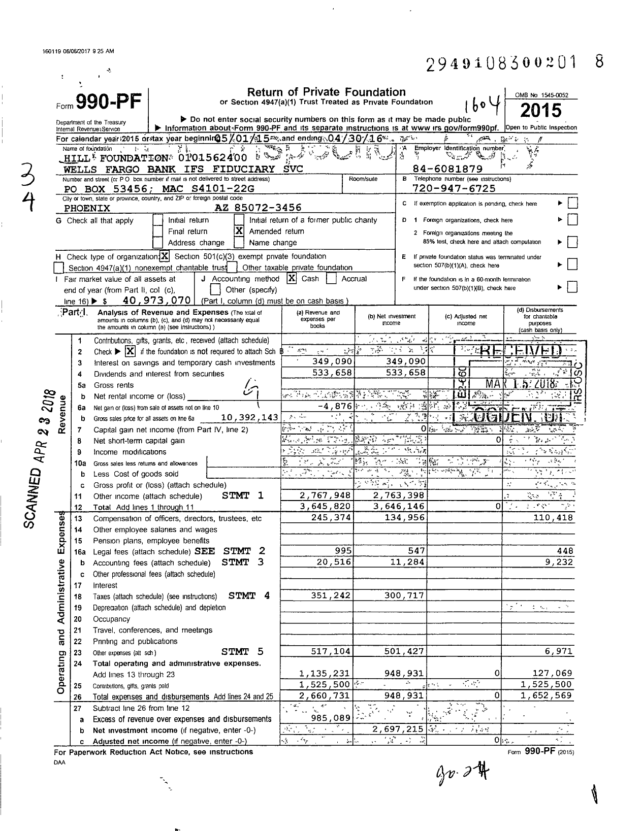 Image of first page of 2015 Form 990PF for Hill Foundation Wells Fargo Bank Na